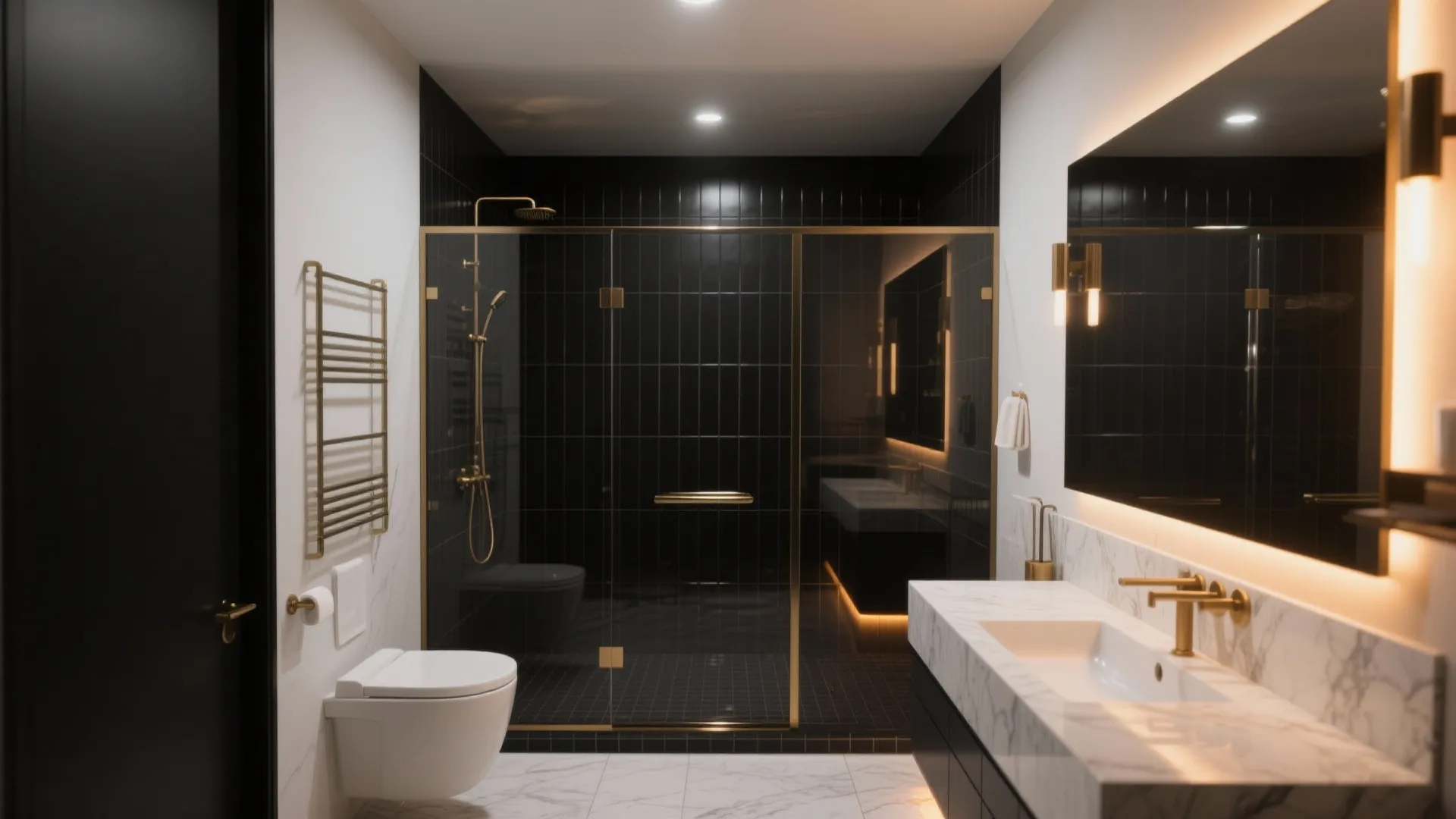 Frameless glass and layered lighting that make black surfaces gleam