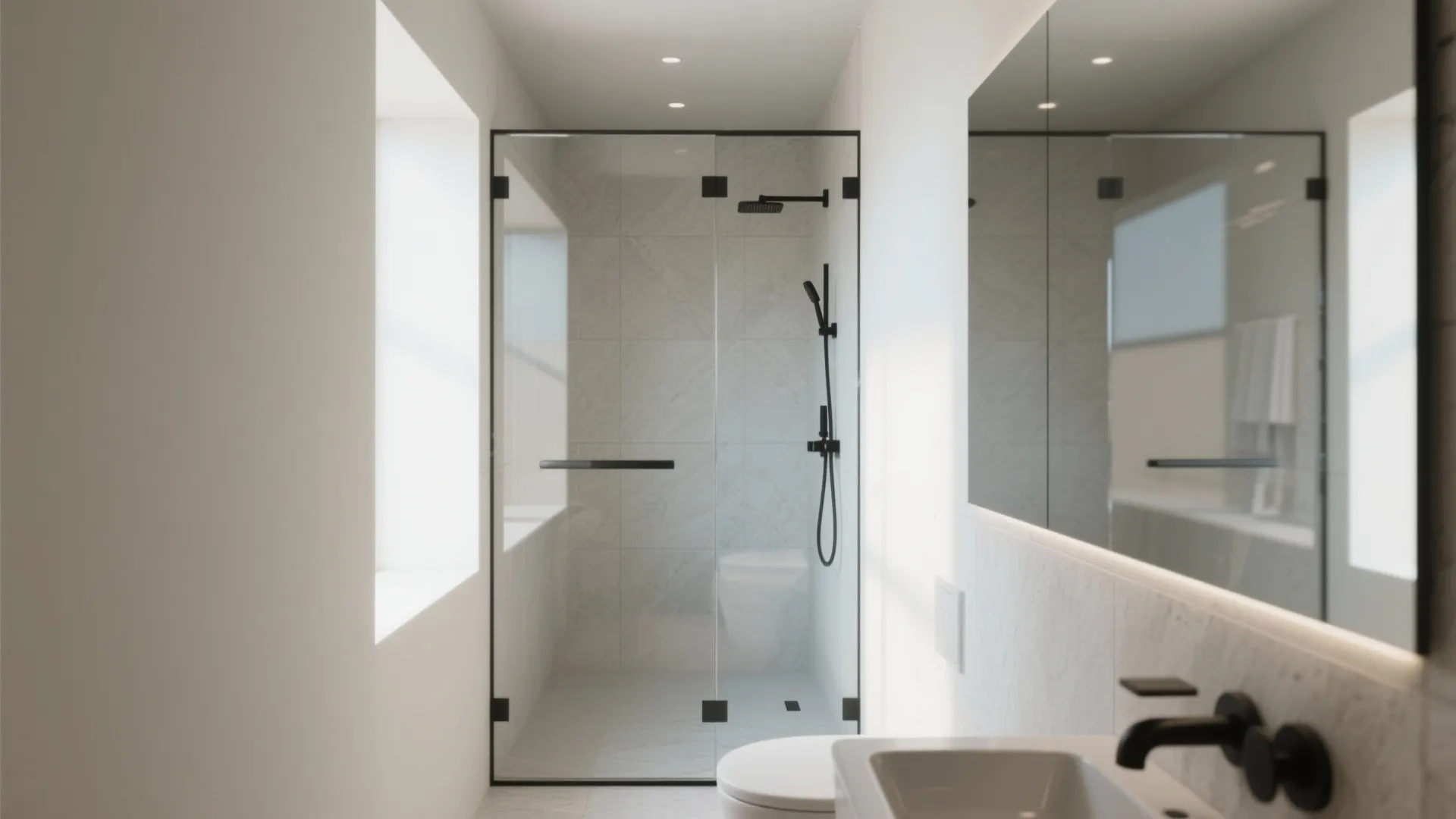 Modern bathroom featuring a frameless glass shower door with black hardware and large wall mirror
