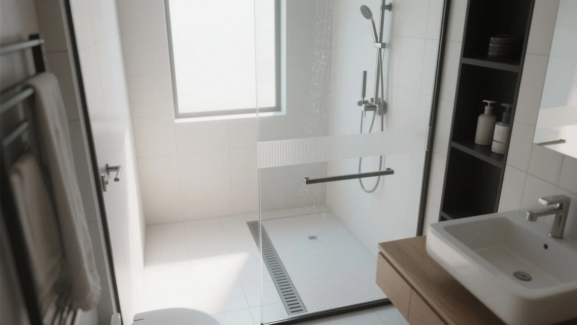 Frameless Glass Partition for a Brighter Bath