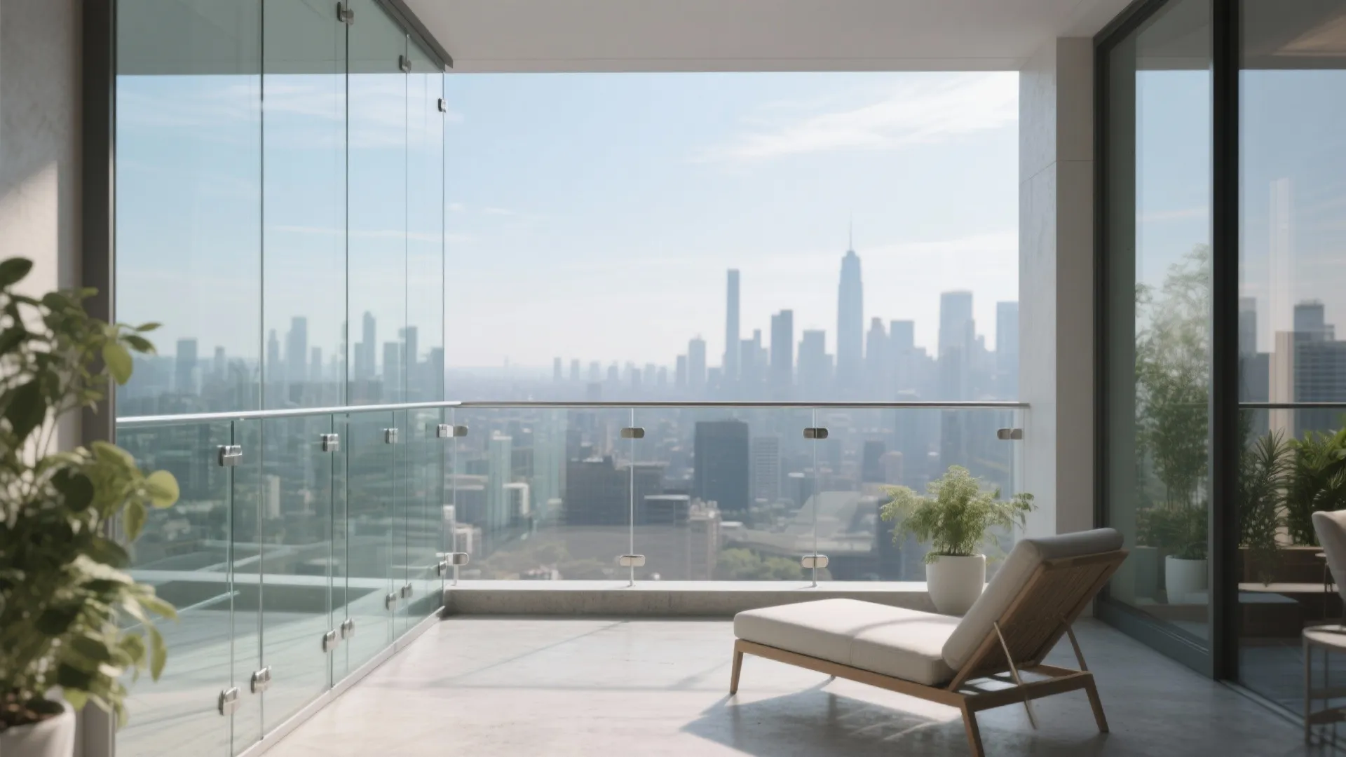 Modern balcony with clear glass railing outdoor chair green potted plants and city skyline view
