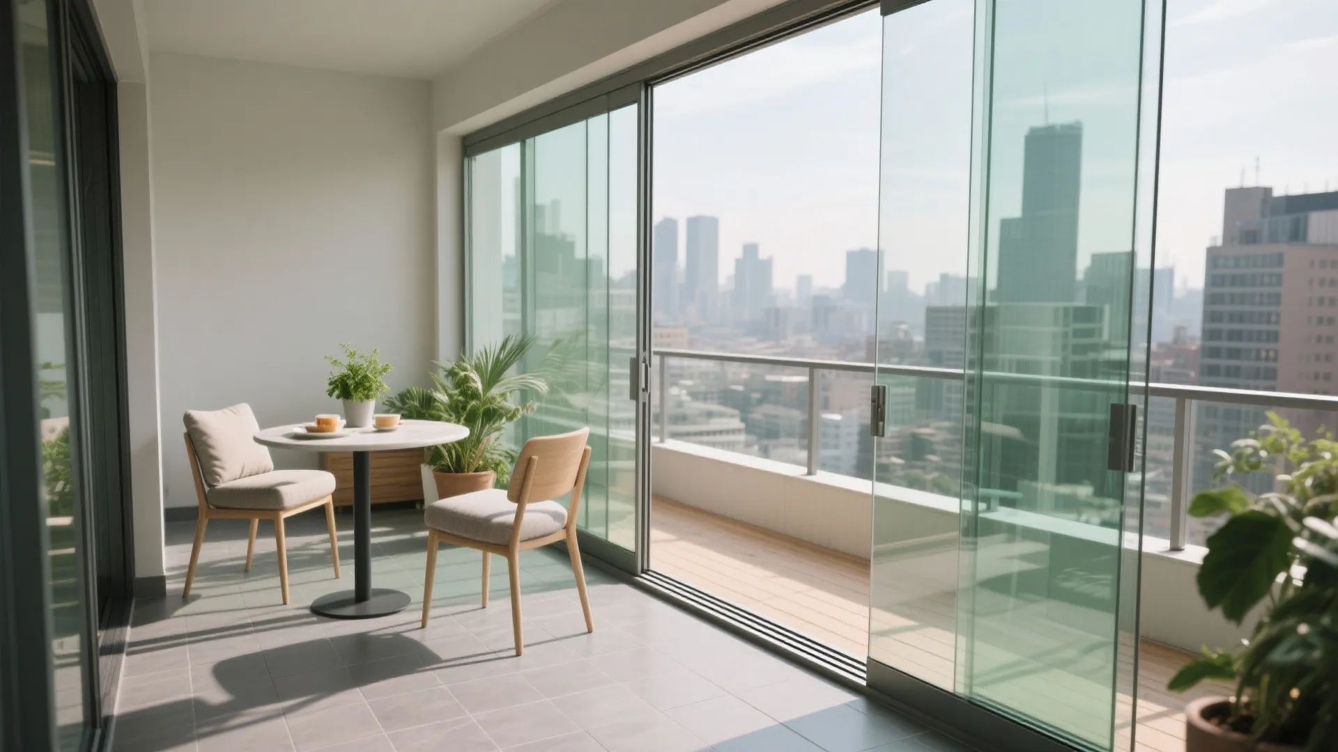 Frameless sliding low-iron glass panels on a small balcony with a city view and a cozy breakfast nook.
