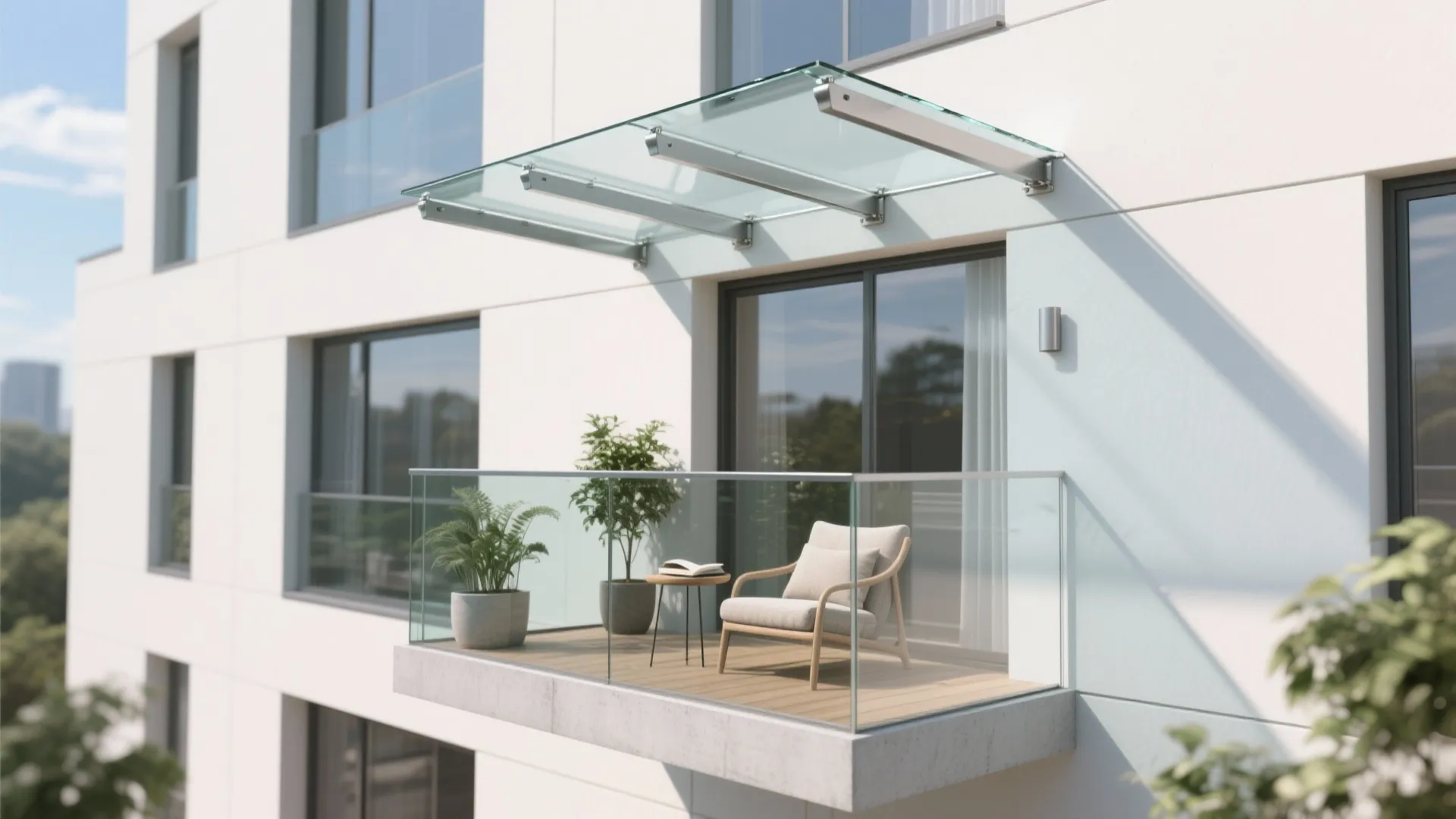 Modern apartment balcony with glass roof, glass railing, wooden chair, small table, and green plants