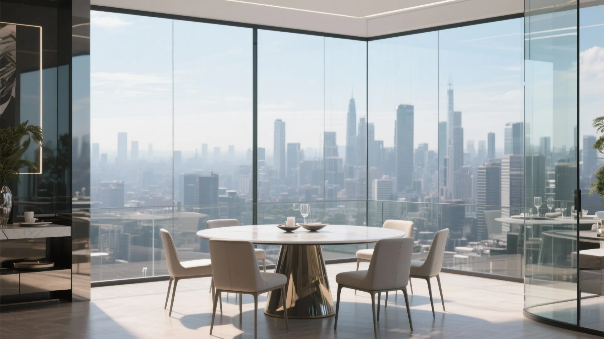 Modern dining room with marble table and chairs overlooking city skyline through large glass windows