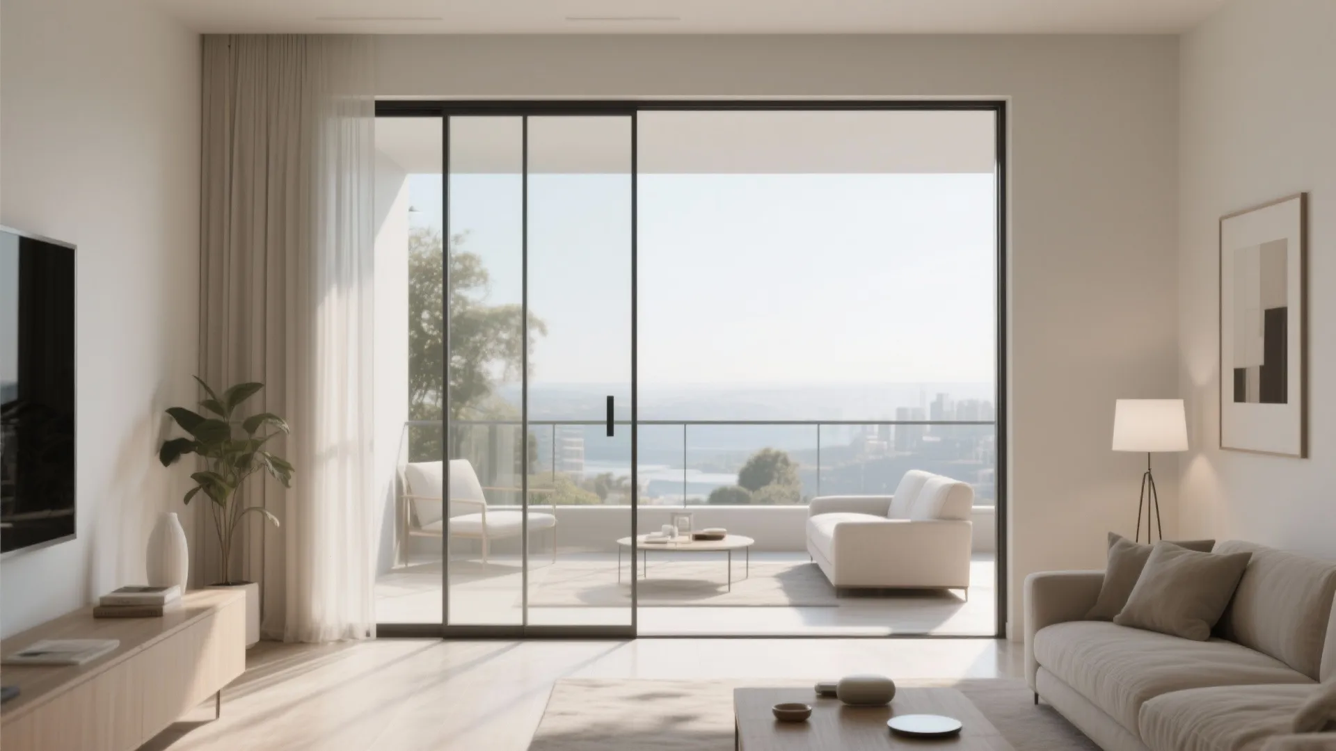 Bright living room with large sliding glass doors opening to a balcony overlooking the city view