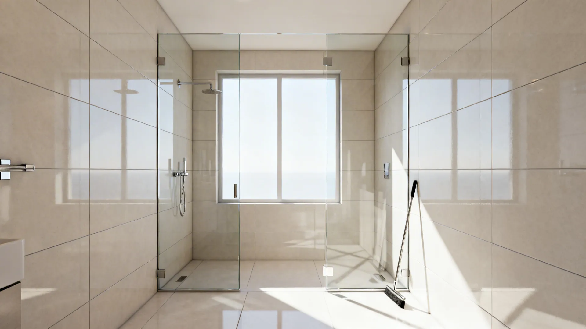 Small bathroom using frameless low-iron glass to maximize light and openness