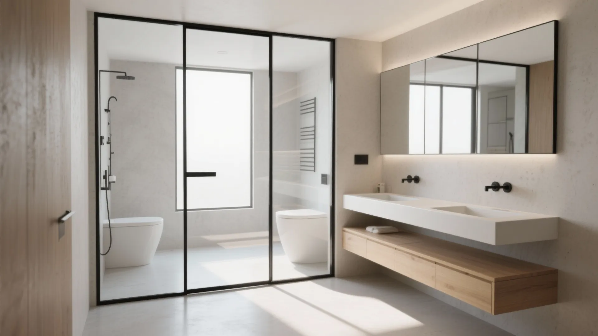 Modern bathroom with glass shower door, wooden cabinet, double sink, large mirror, and white toilet.