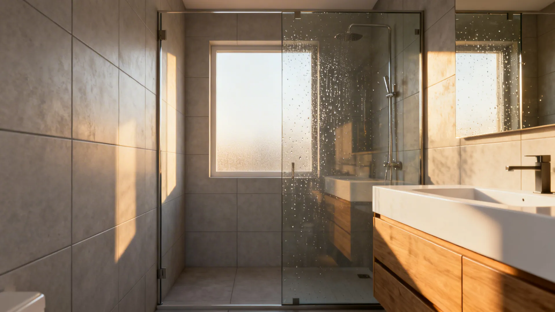 Small bathroom with a single frameless glass shower panel, large-format tiles and floating vanity