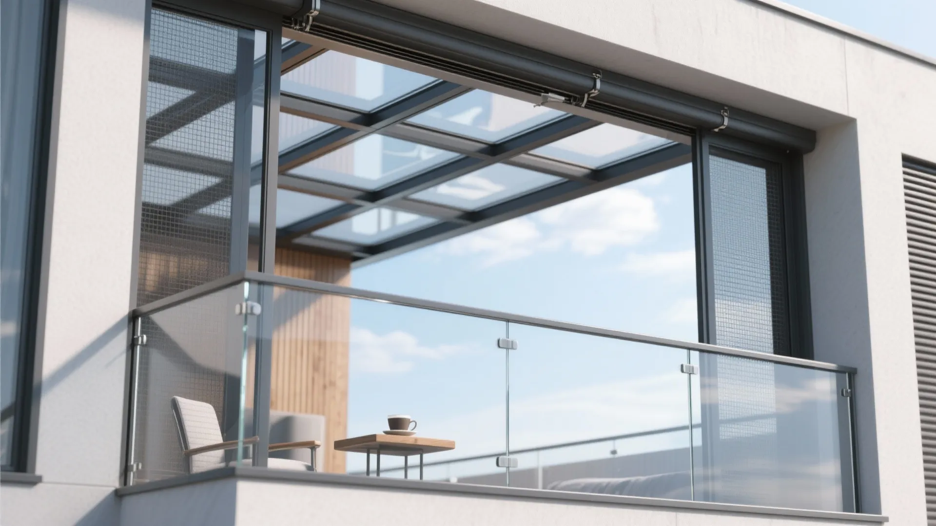 Frameless glass roof with side screens