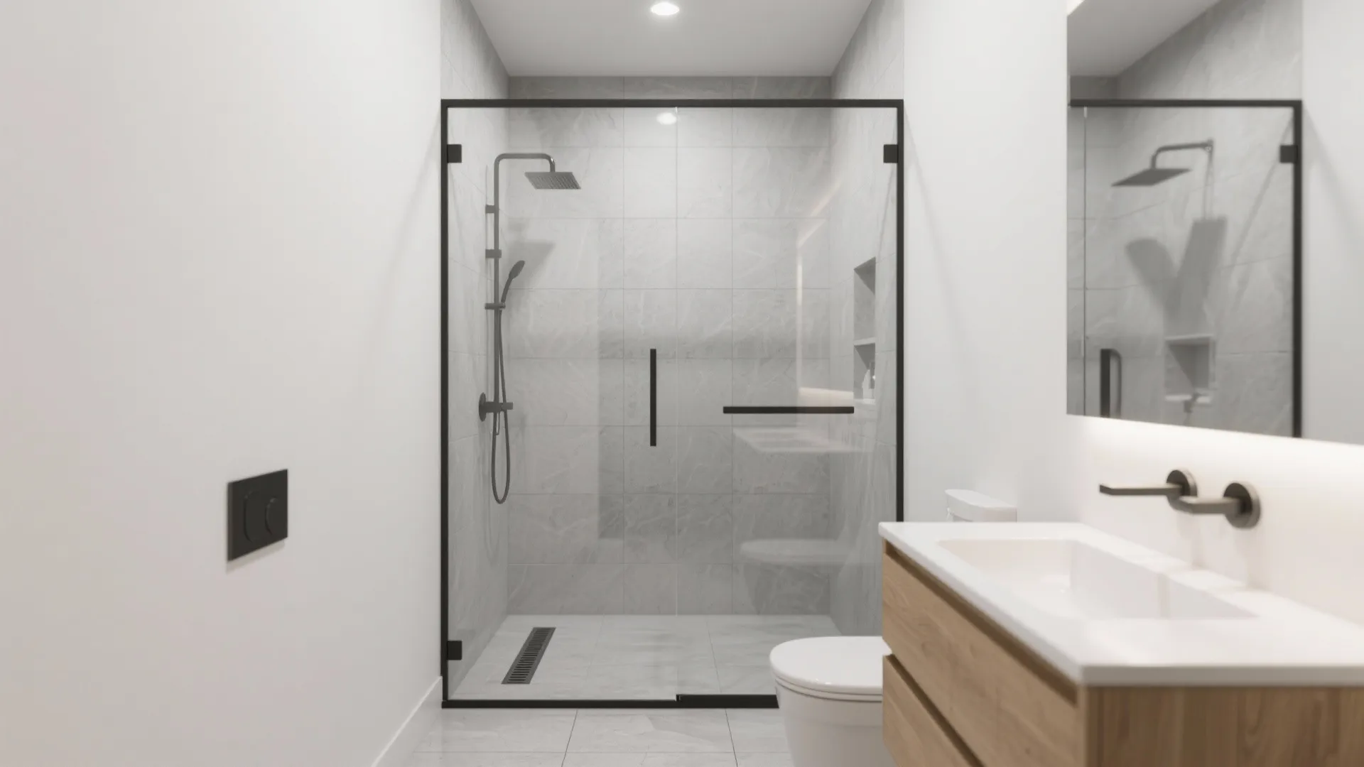 Frameless low-iron glass shower screen in a bright small bathroom.