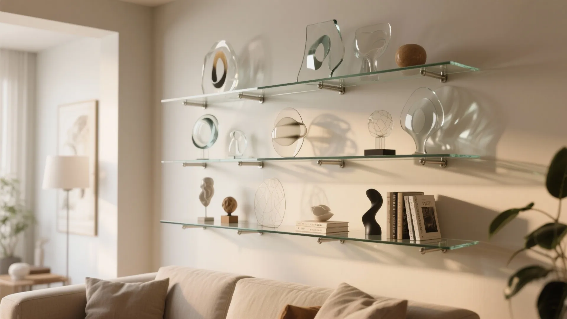 Glass wall shelves displaying clear sculptures and books above a beige sofa in living room