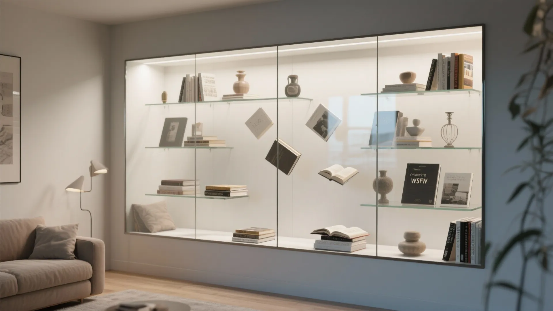 Built in glass wall cabinet with light fixture showing floating books and vases near sofa