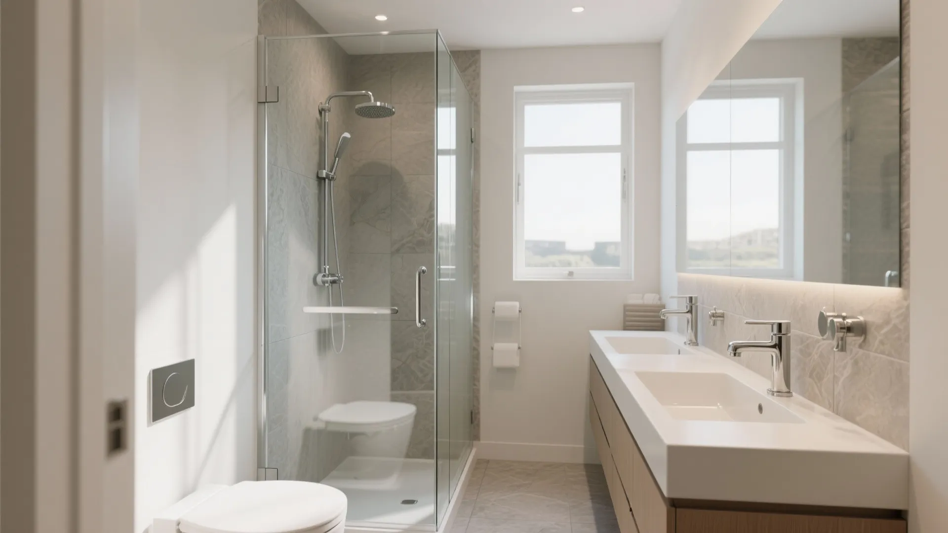 Modern bathroom with glass shower door double sinks wood cabinet white toilet and bright window light