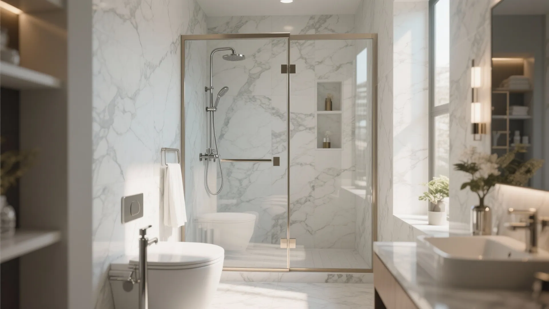 Luxury bathroom interior showing a glass shower door with marble walls and a white toilet