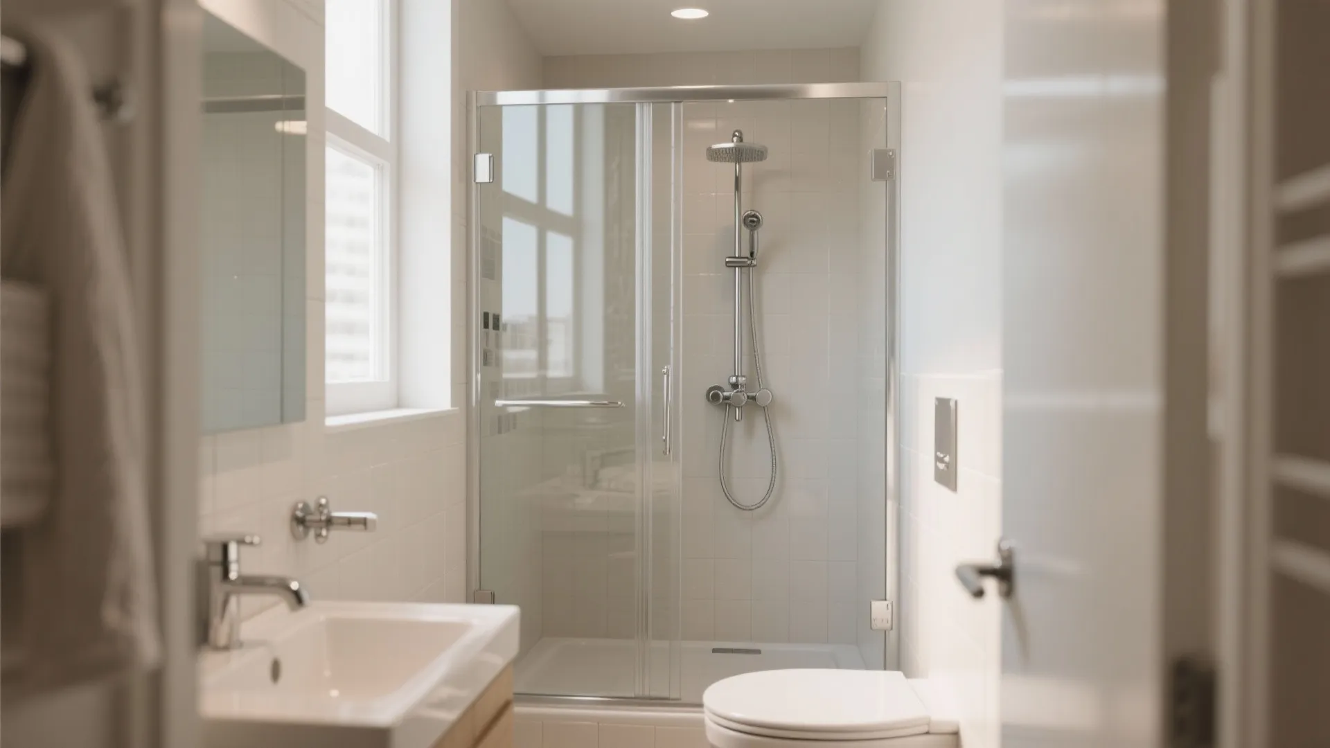 Frameless glass shower in a small bathroom enhances space