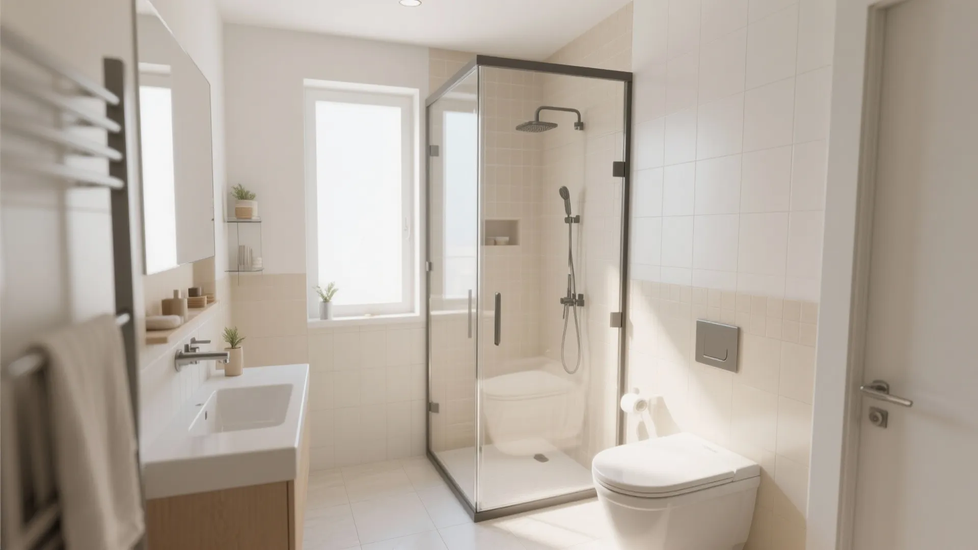 Small bathroom with frameless glass shower and bright daylight