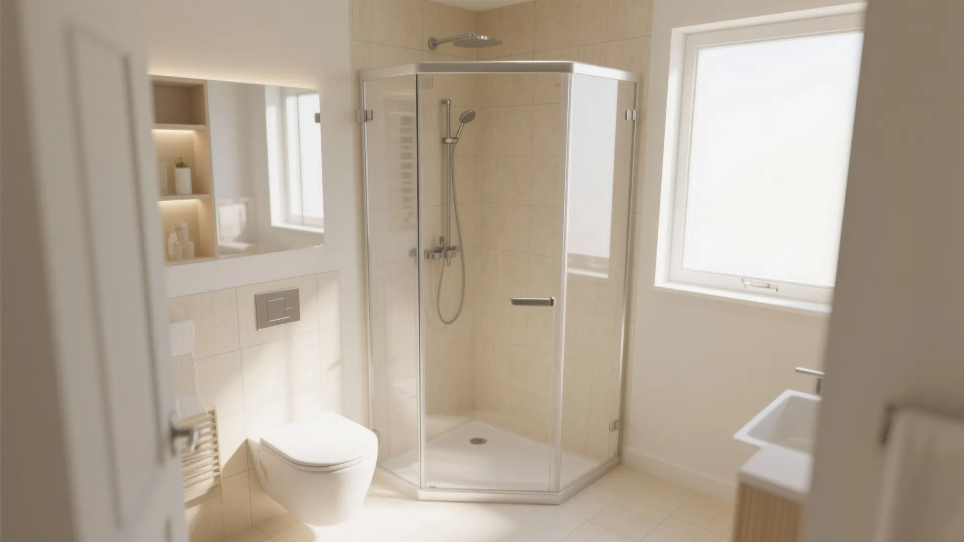 Small bathroom layout with glass shower booth white toilet wall mirror and a large window