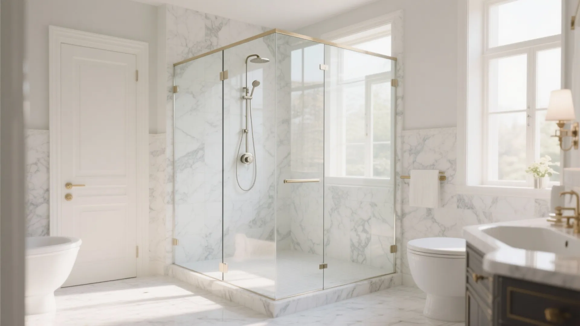 Bright bathroom with glass shower door marble wall tiles white toilet sink and large bright window