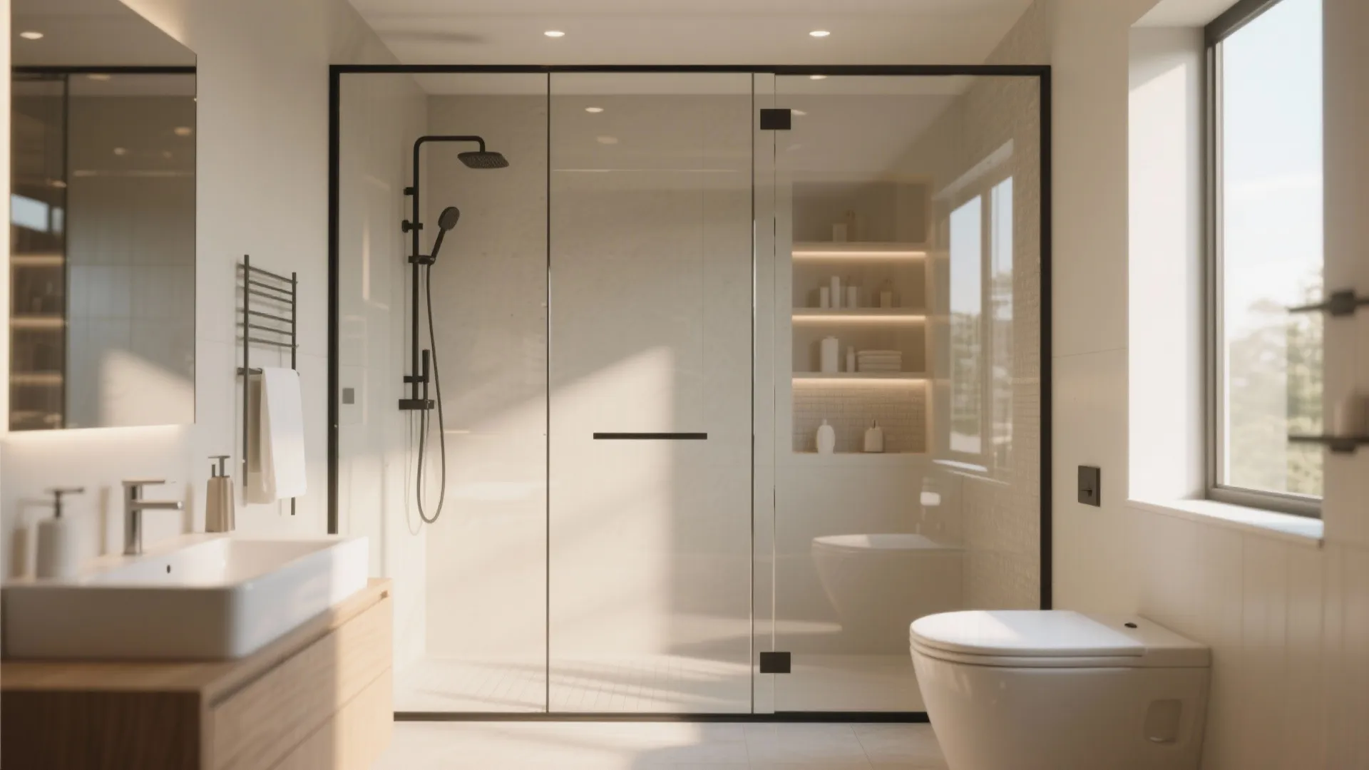Modern bathroom with glass shower door black fixtures white toilet sink and bright natural light