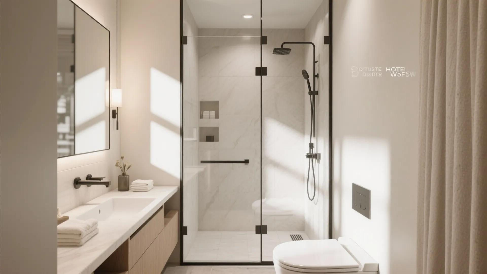 Minimalist bathroom design with glass shower wall light white sink wooden cabinet and white toilet