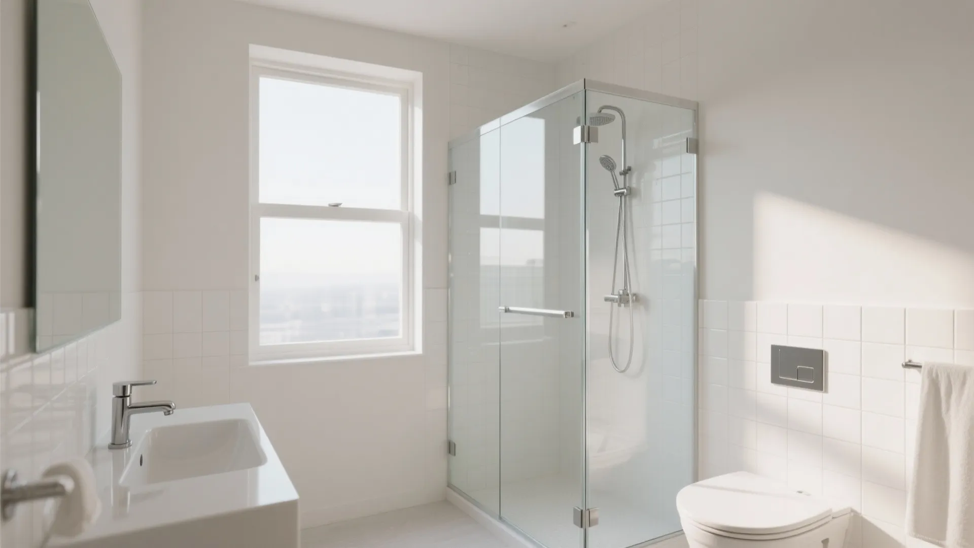 Simple white bathroom with glass shower box white sink large window and wall mounted toilet