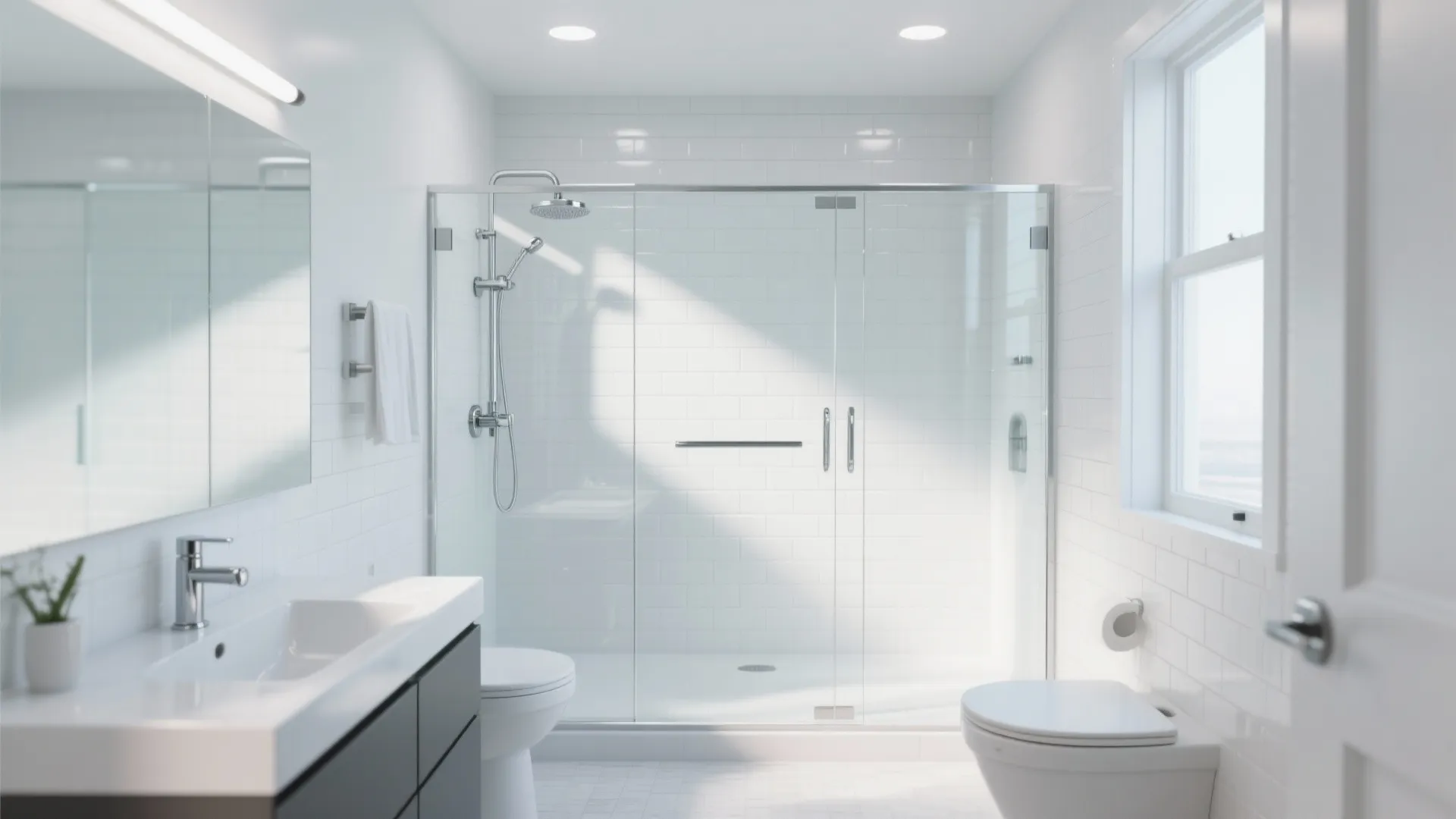 Frameless glass shower in a bright modern bathroom