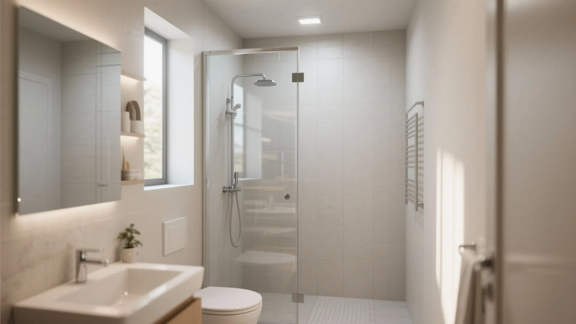 Small bright bathroom featuring glass shower door white sink mirror window and neutral tiled wall design