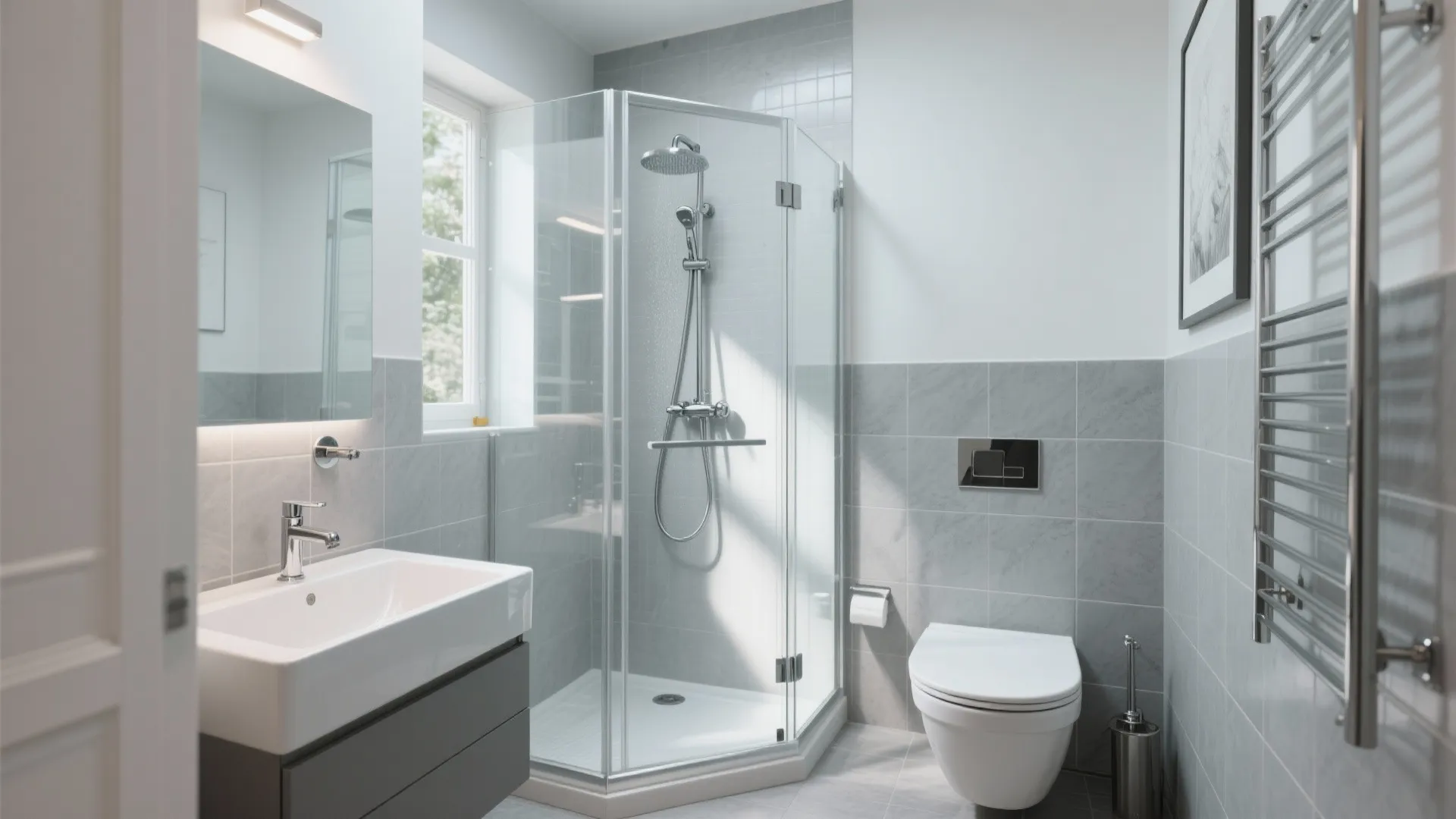 Contemporary bathroom with grey tiles a glass shower box white sink and a wall toilet