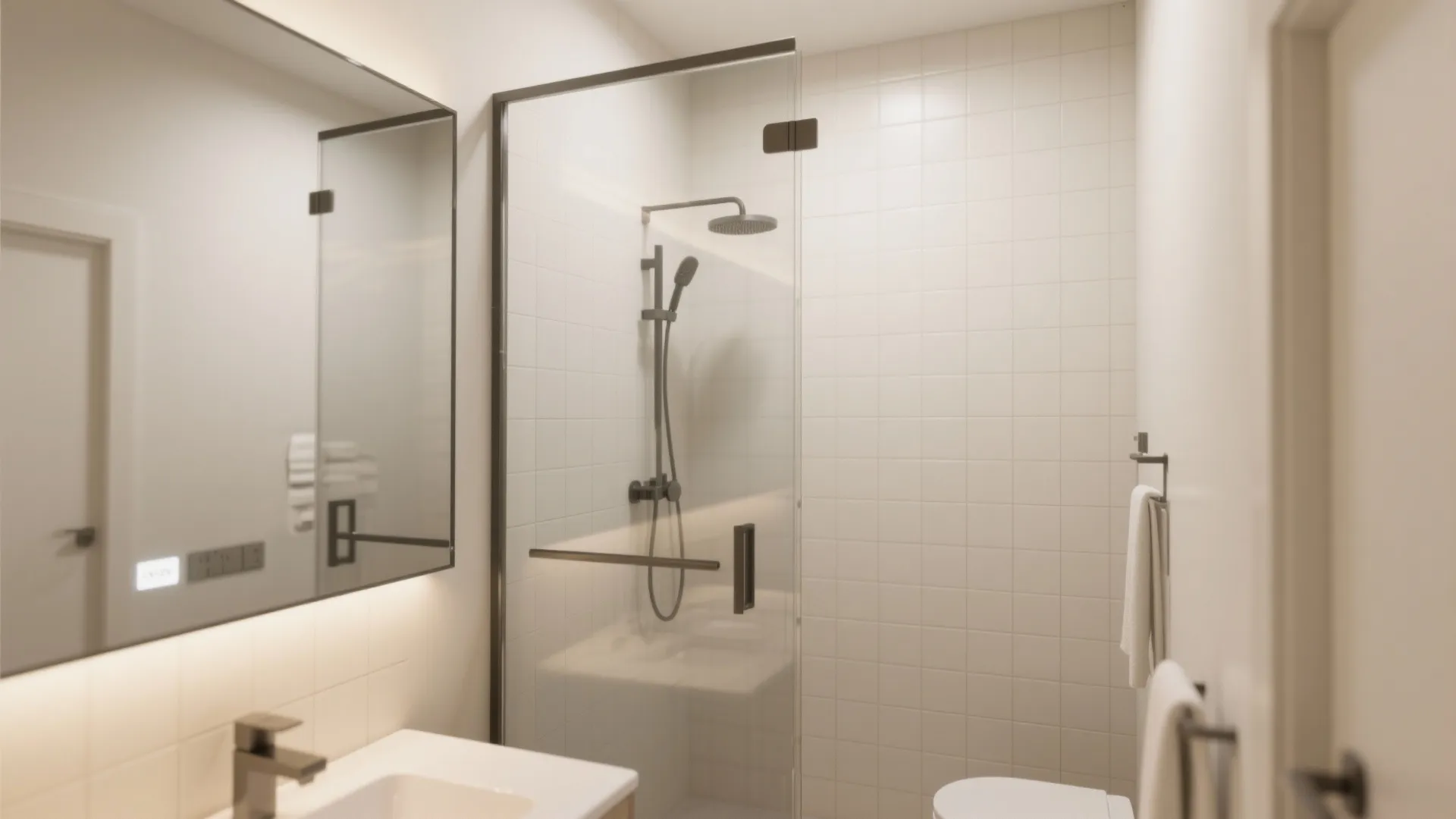 Modern bathroom with glass shower door, white tiled walls, black shower head, and lighted mirror