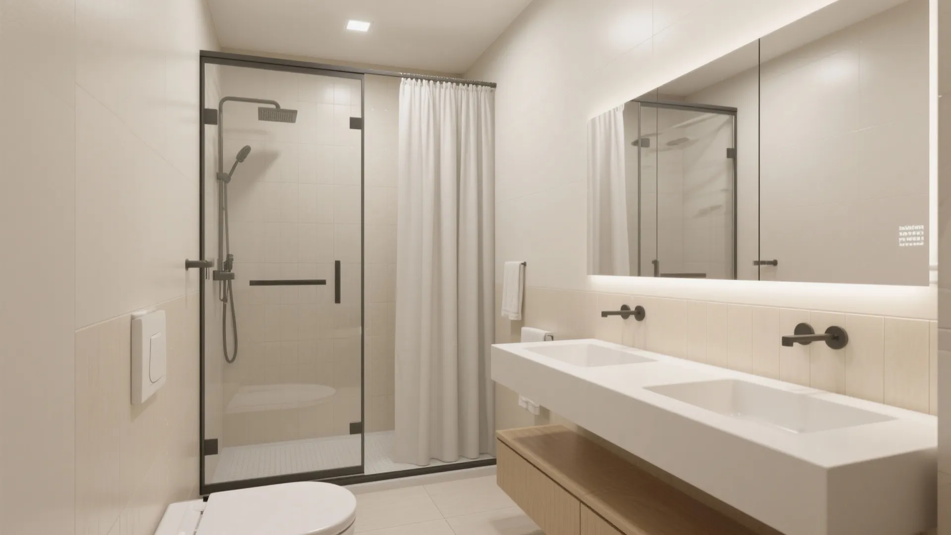 Frameless glass shower enclosure in a modern small bathroom