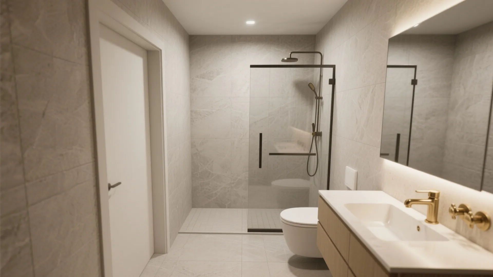 Frameless glass corner shower in a modern small bathroom