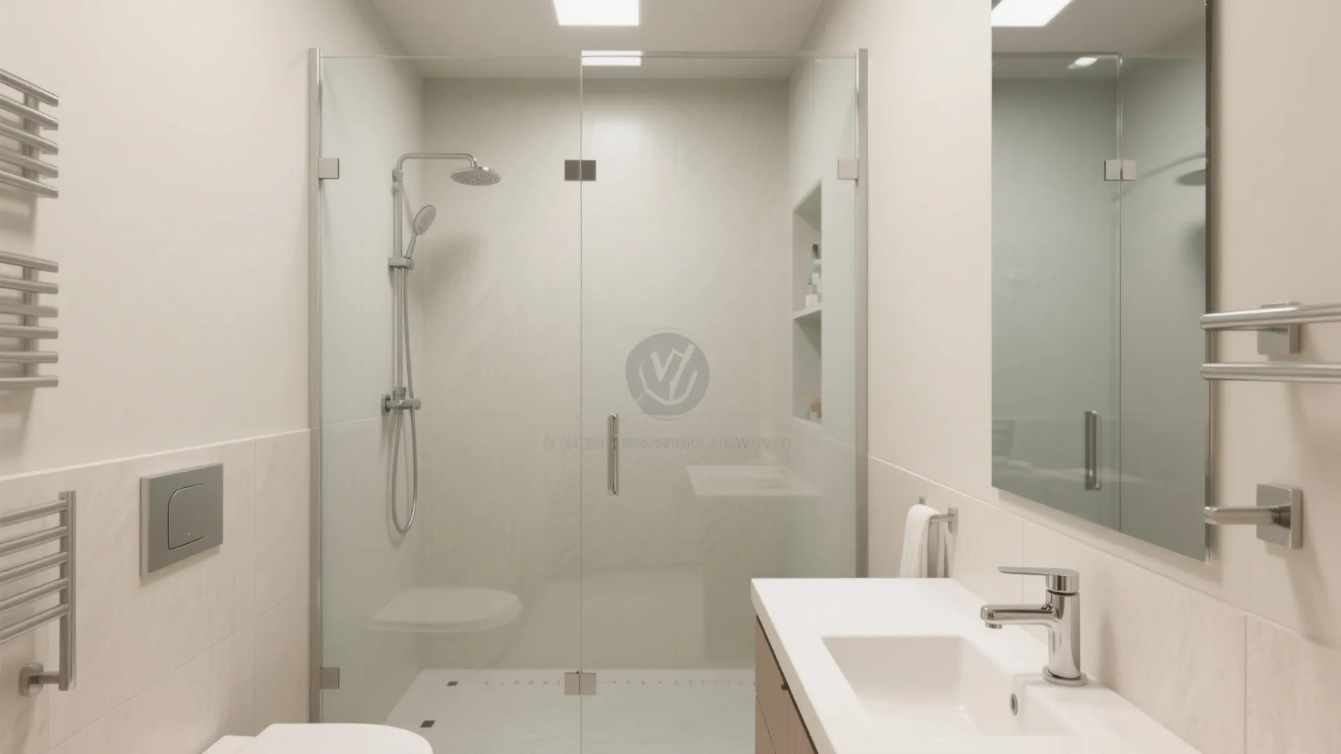 Modern bathroom with frameless glass shower enclosure white sink wooden cabinet mirror and light tiled walls