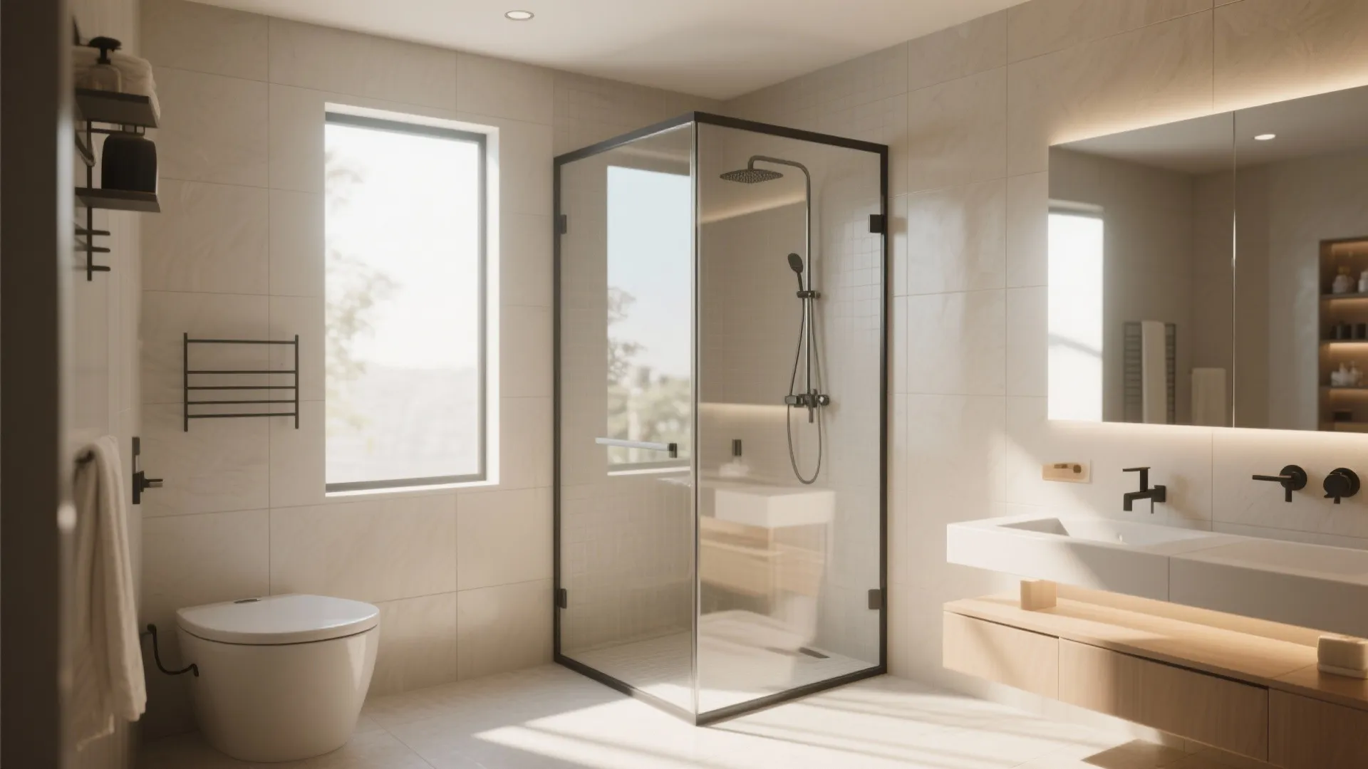 Modern bathroom with glass shower cubicle beige wall tiles white toilet and floating wooden sink cabinet