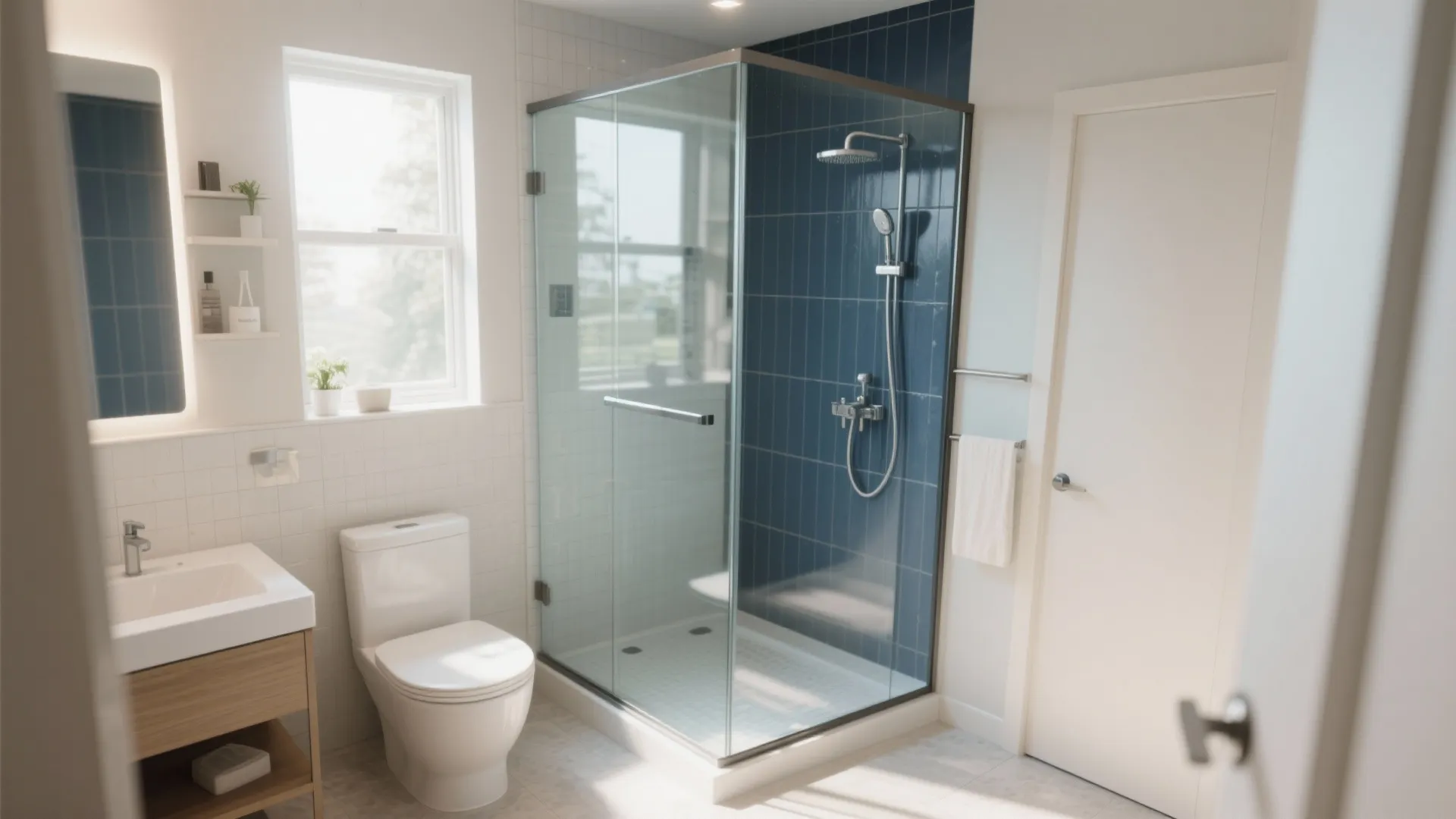 Frameless glass shower enclosure enhancing light and space