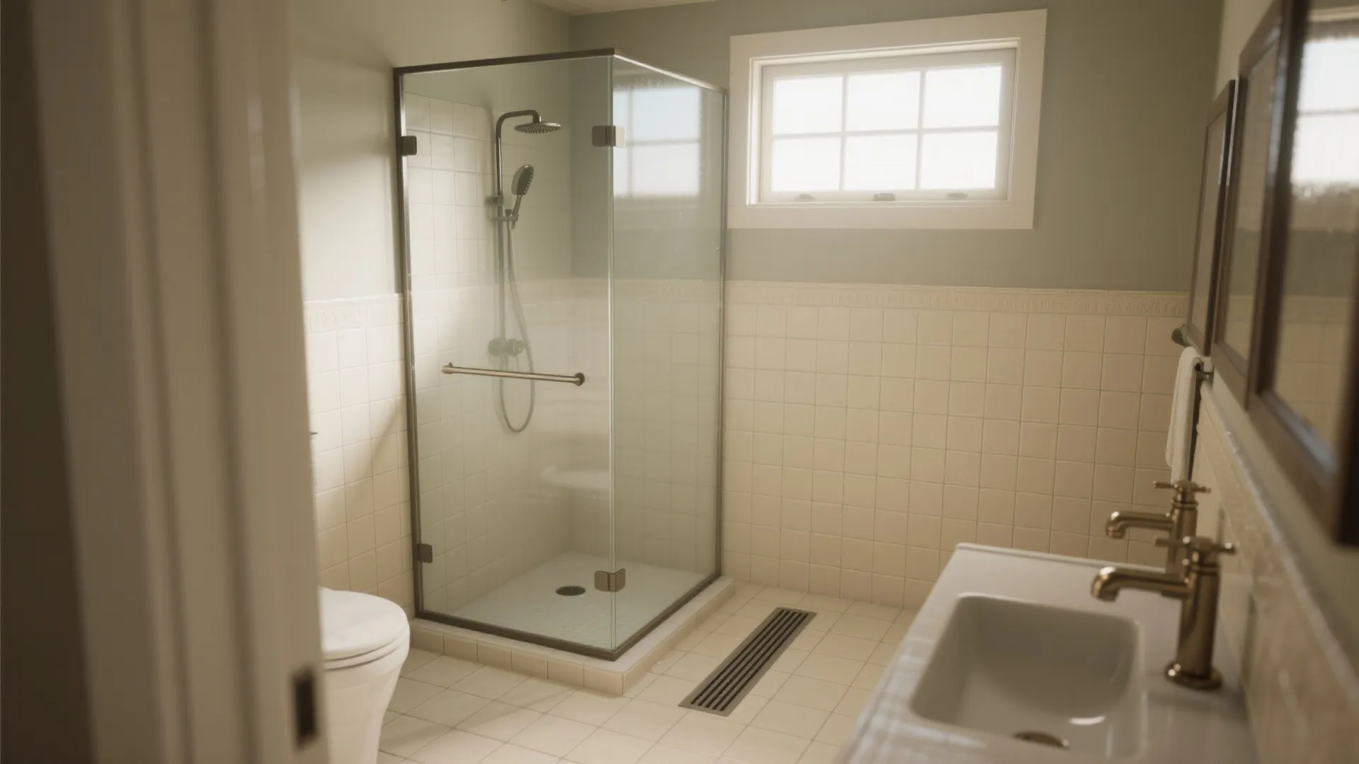 Small bathroom with frameless glass shower panel and continuous tile for a larger feel.