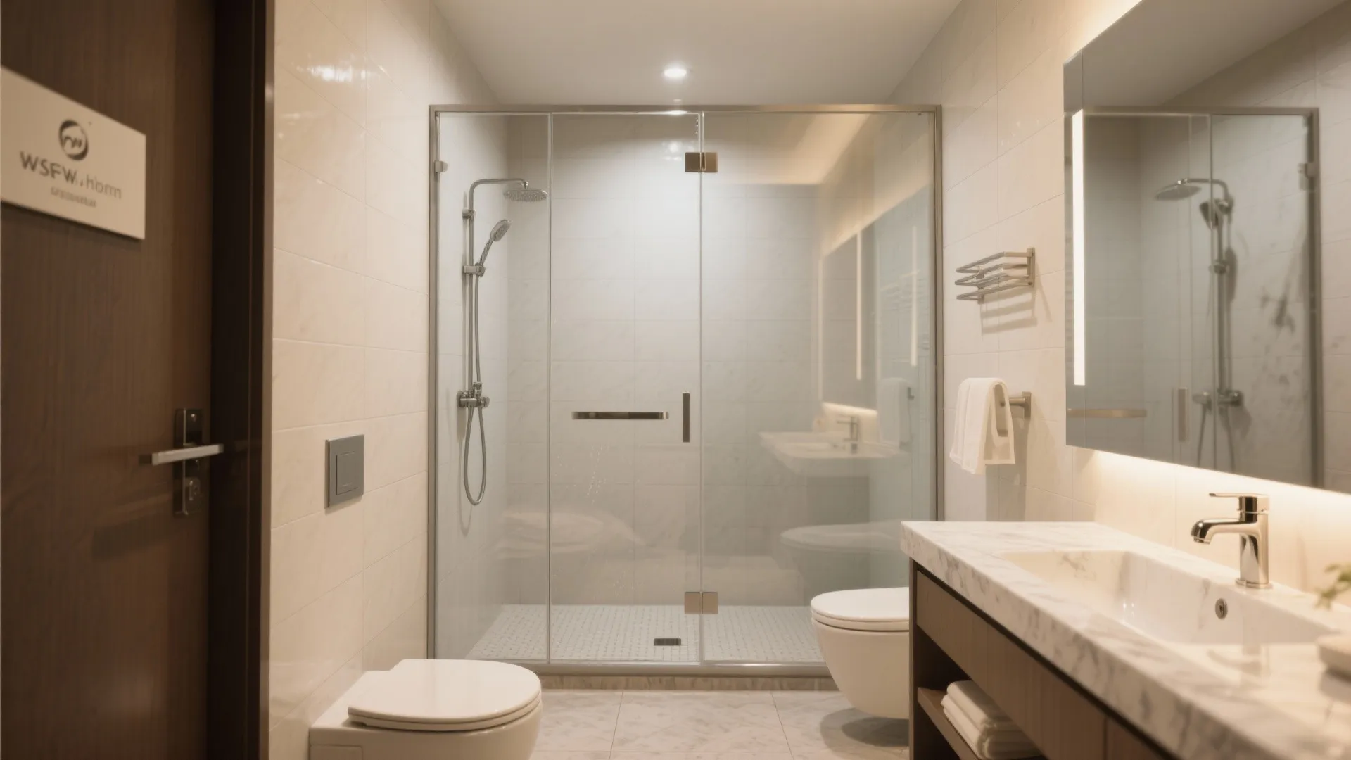 Bright bathroom interior design featuring a glass shower door with marble counter and white toilet