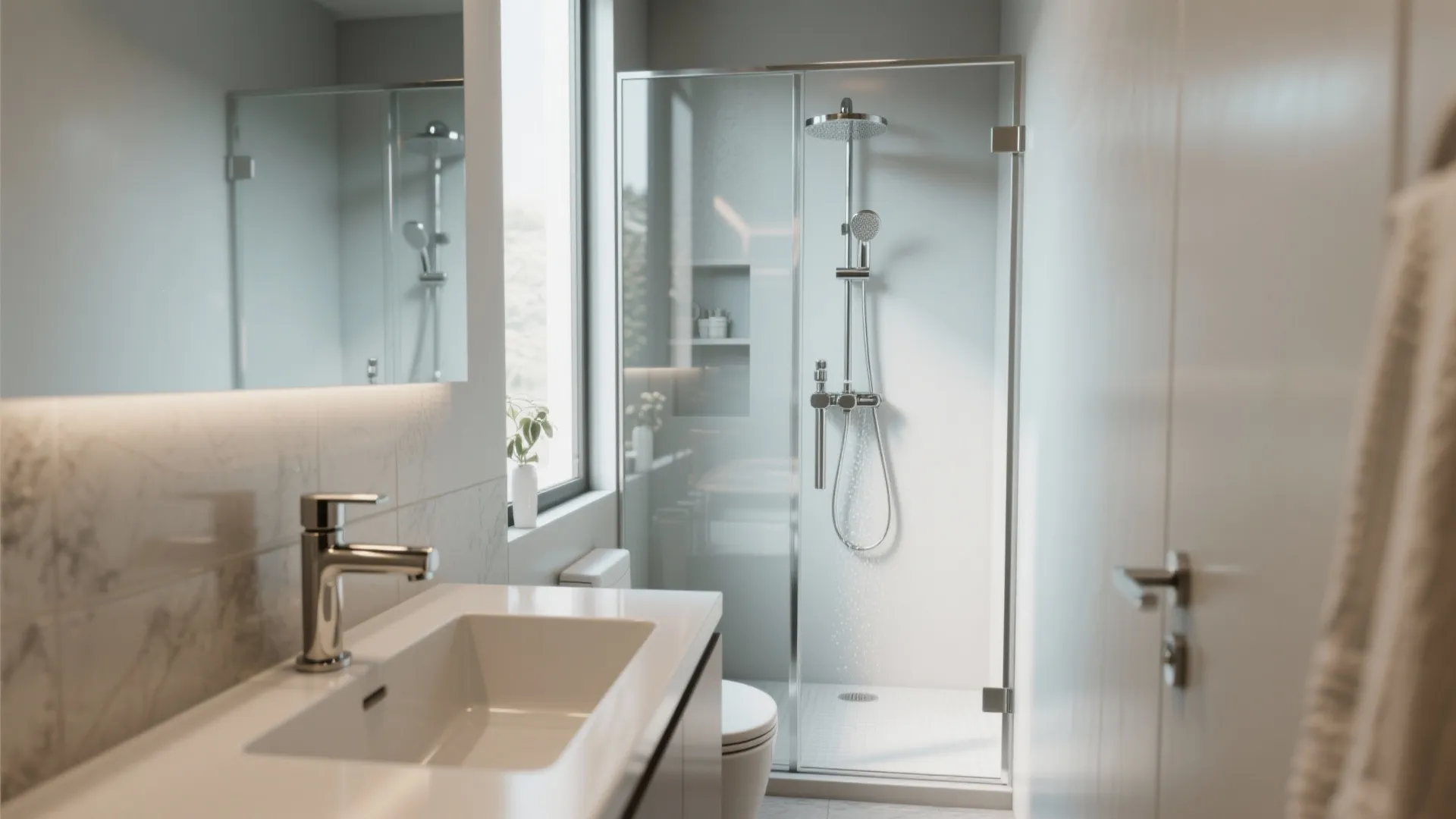 4. Glass shower and reflective accents