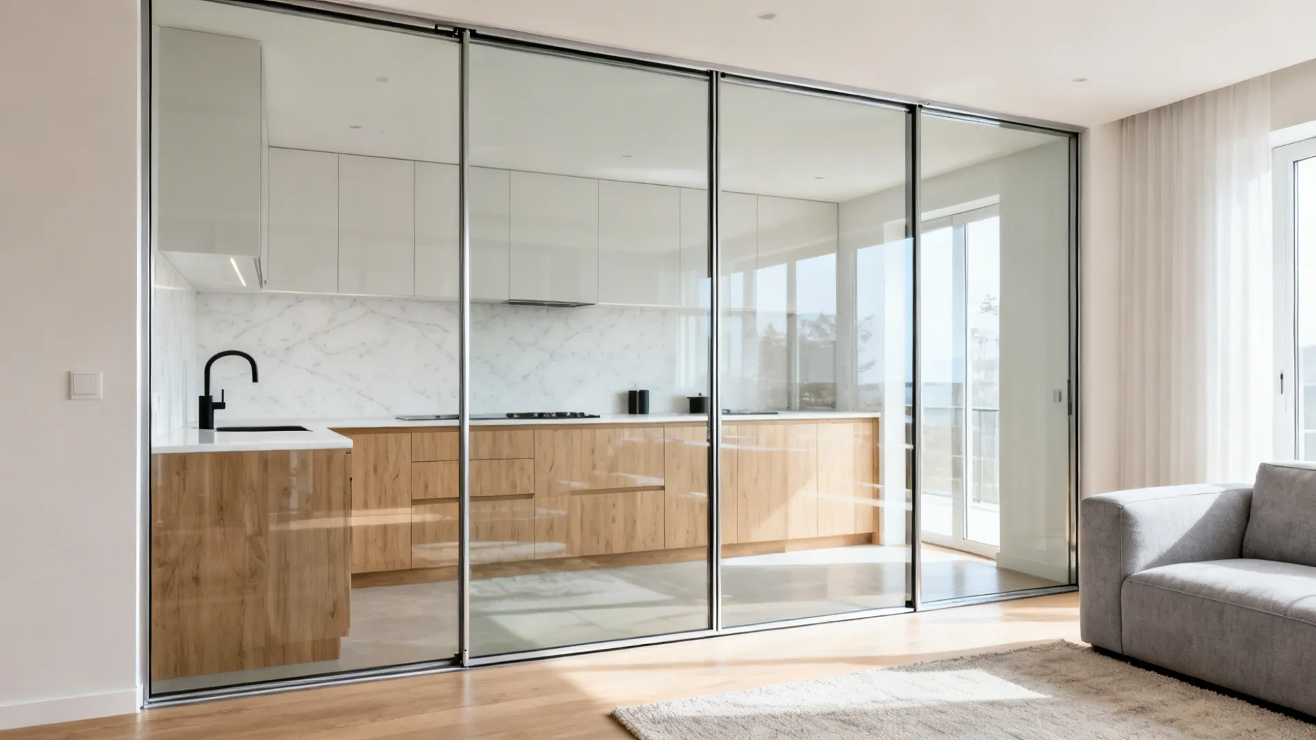 Glass sliding doors separating a modern white kitchen with wood cabinets from a grey sofa
