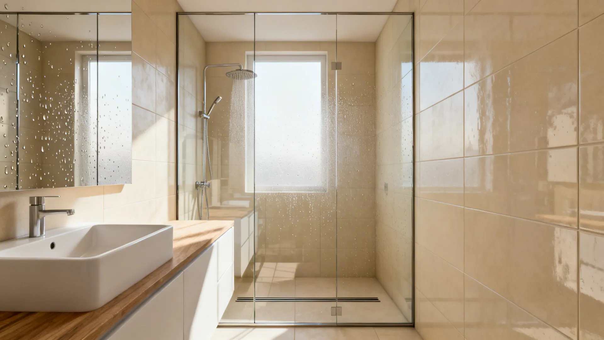 Narrow bathroom using a frameless glass panel to make the shower feel larger.