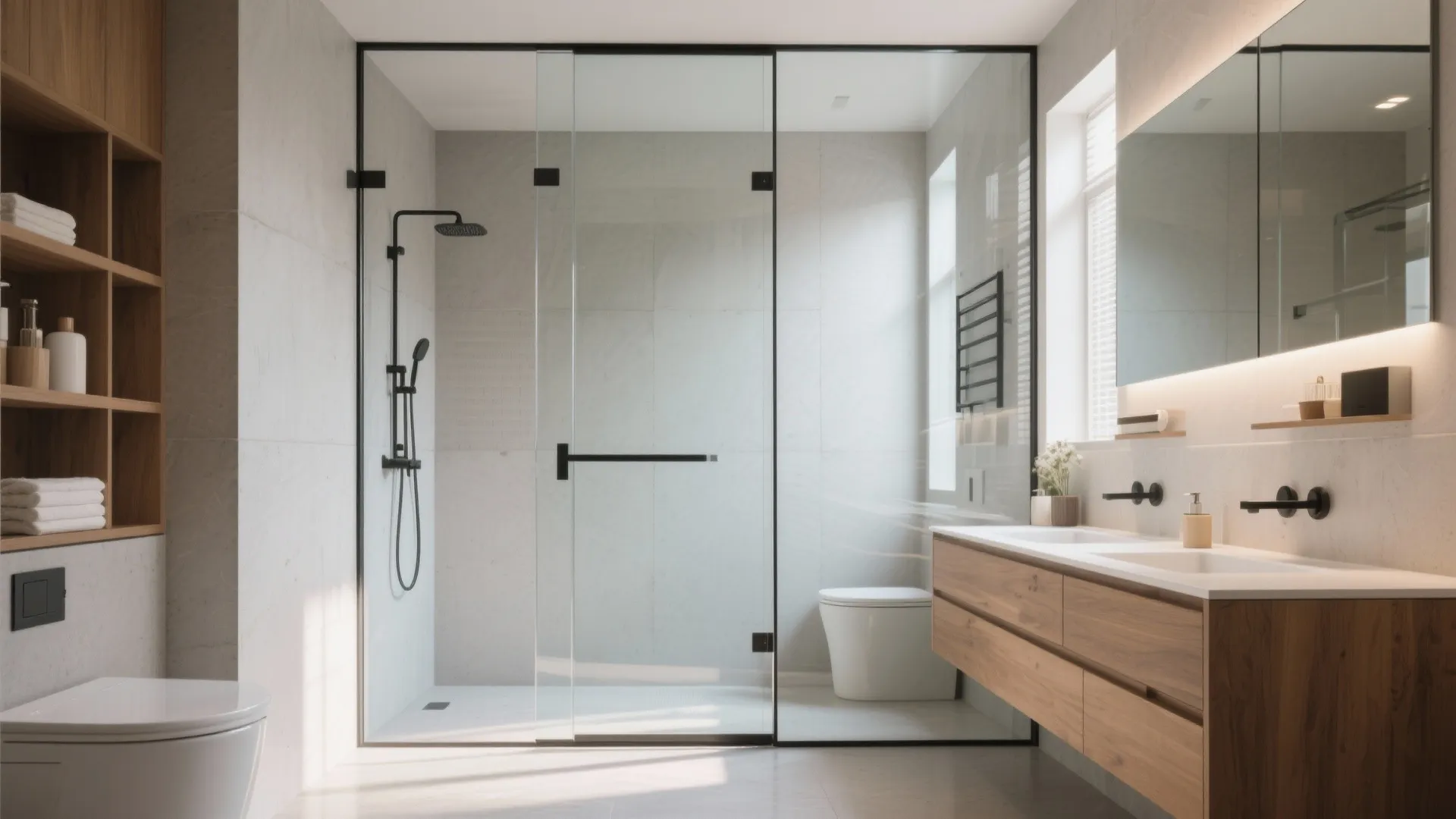 Modern bathroom with glass shower door wooden cabinet double sink mirror and light grey tiles
