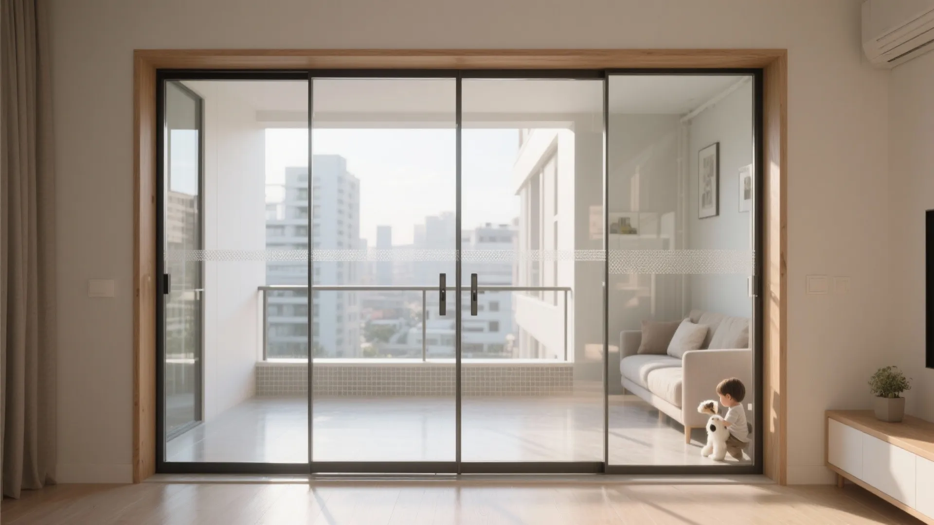 Frameless laminated glass balcony doors with a low-profile threshold and subtle privacy frit.