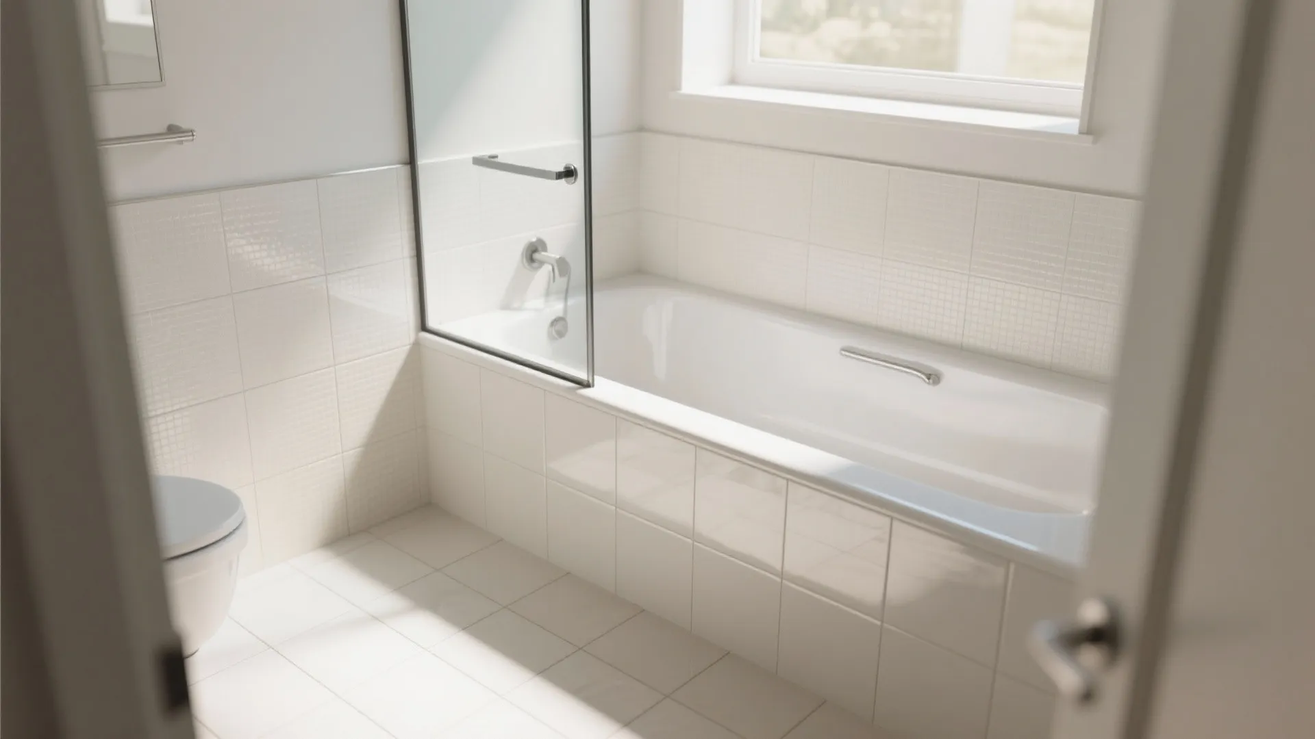 Frameless glass panel with a light-reflecting tub surround