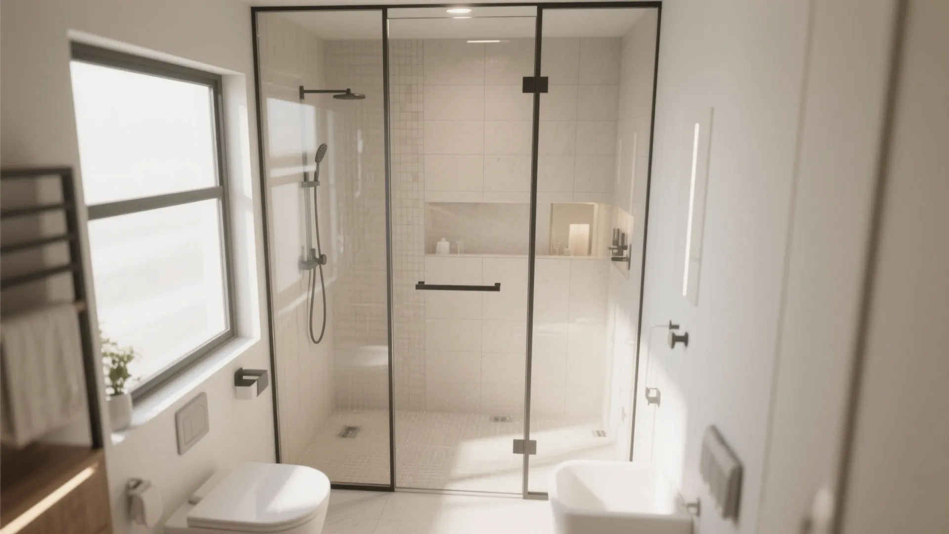 Small wet room with frameless glass shower panels