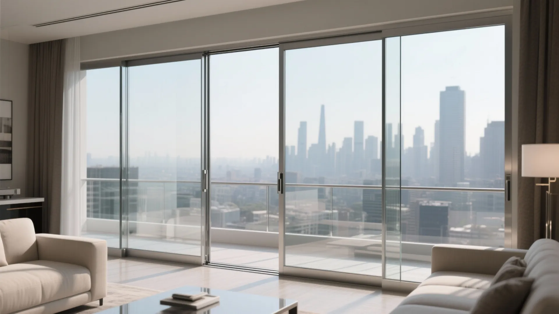 Modern living room featuring large glass sliding doors opening to a balcony with city views