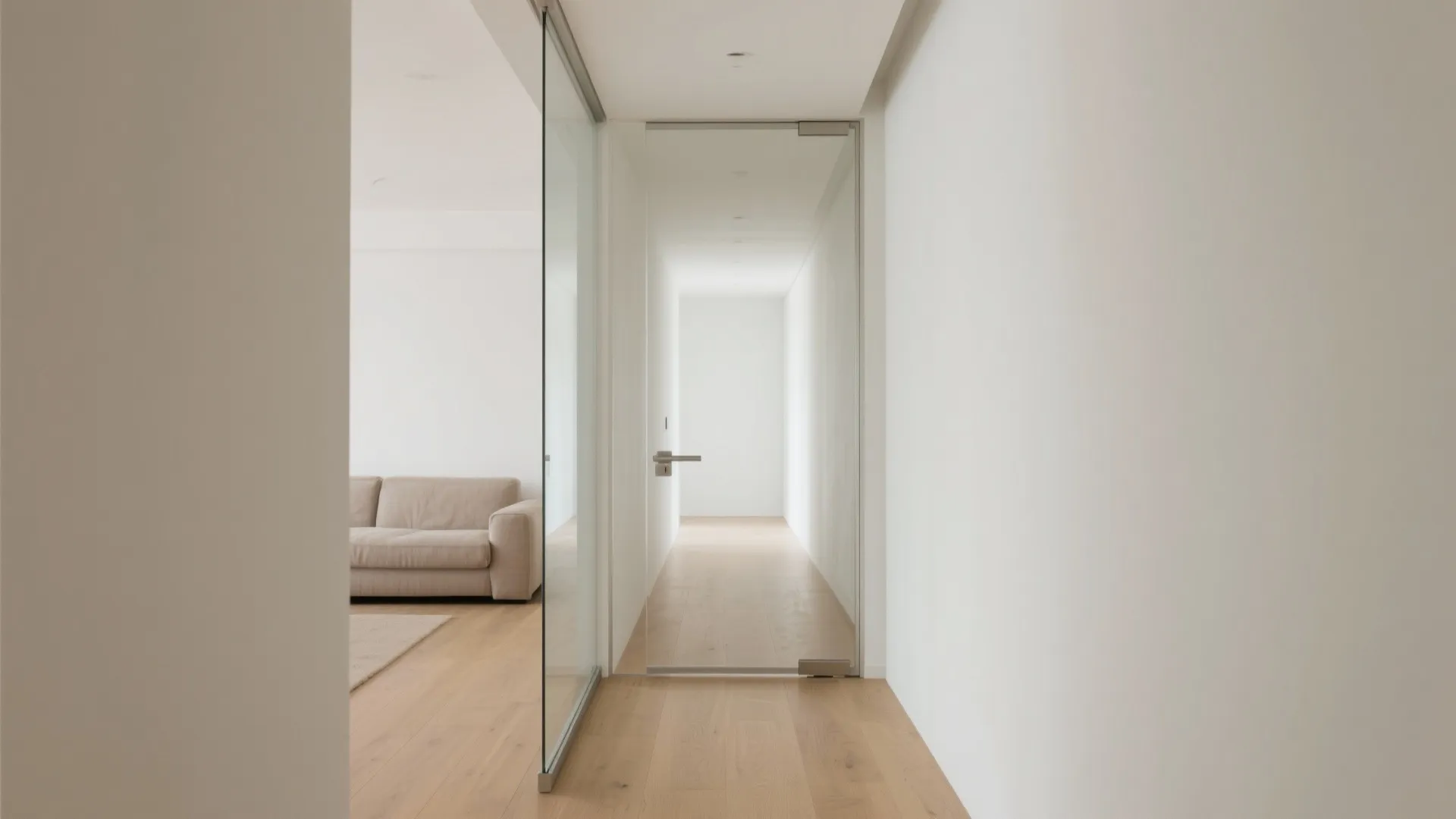 Minimalist white hallway with frameless glass door light wood floor and beige sofa in living