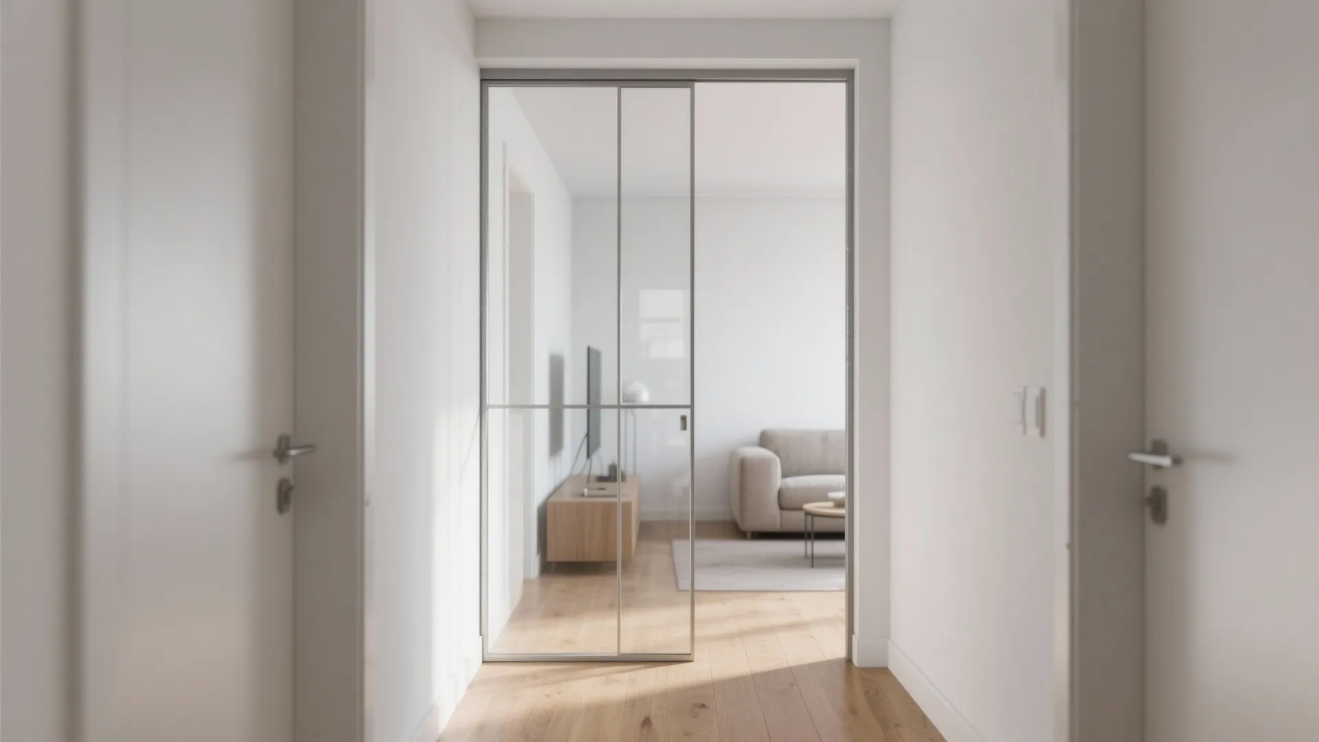 White hallway leading to glass door opening into living room with sofa and wood floor