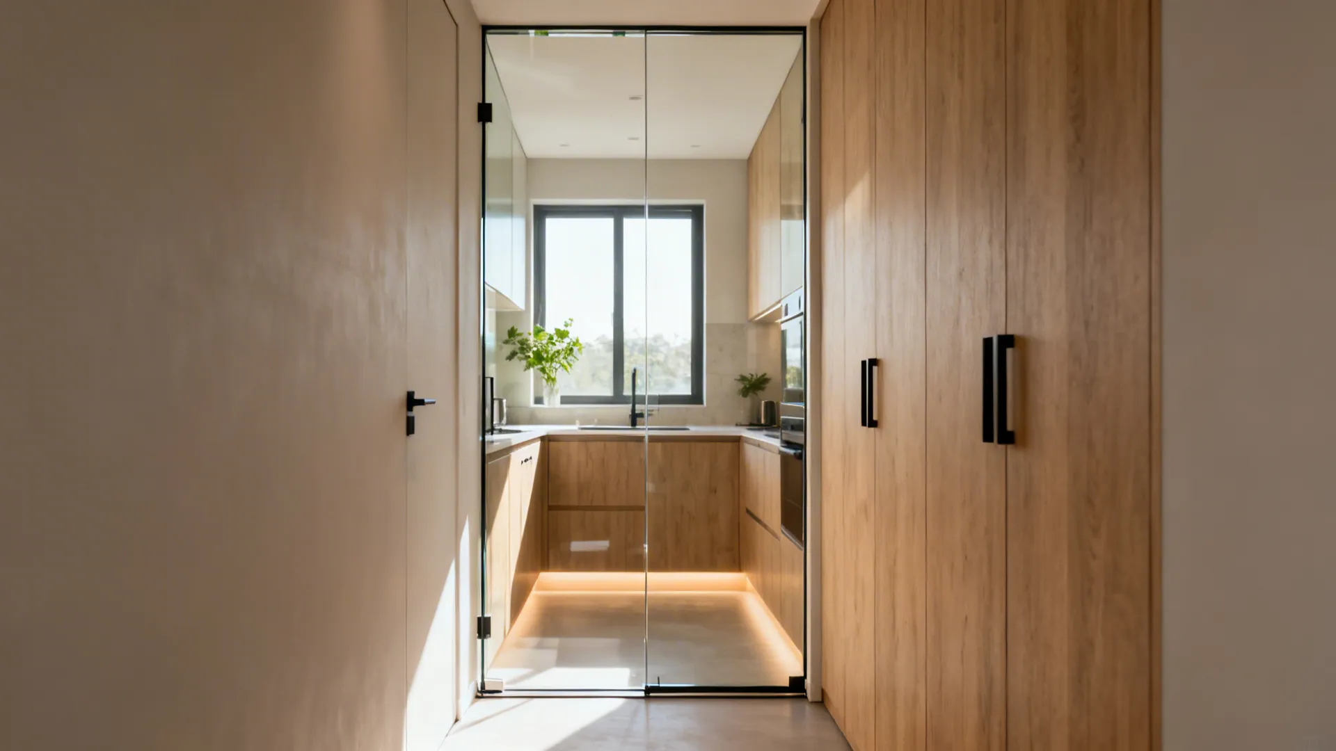 Frameless tempered glass partition joining a bright hall and micro kitchen with clean sightlines.