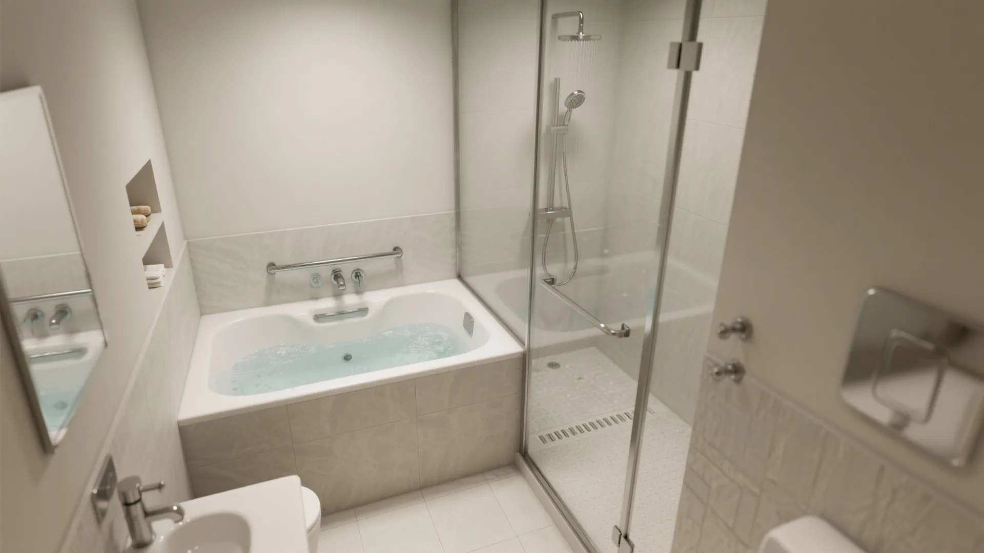 Shower-over-Jacuzzi with frameless glass, linear drain, and anti-slip flooring.