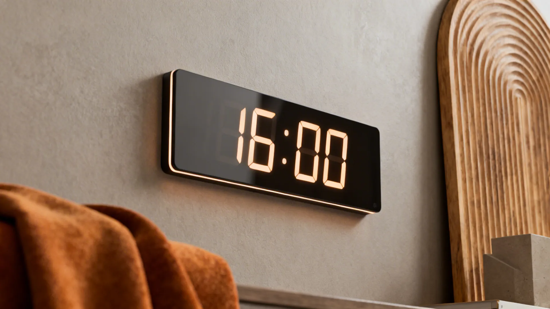 Frameless LED wall clock with warm dimmable digits paired with wooden accents.
