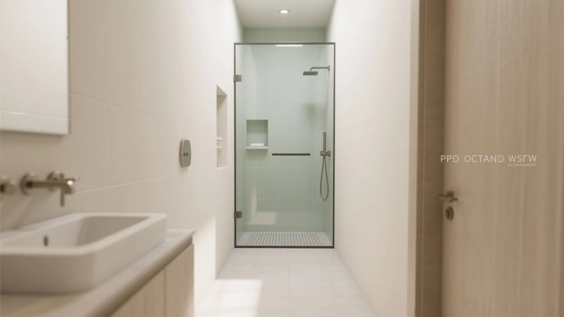 Bright bathroom interior with white sink glass shower door light green tiles and white walls