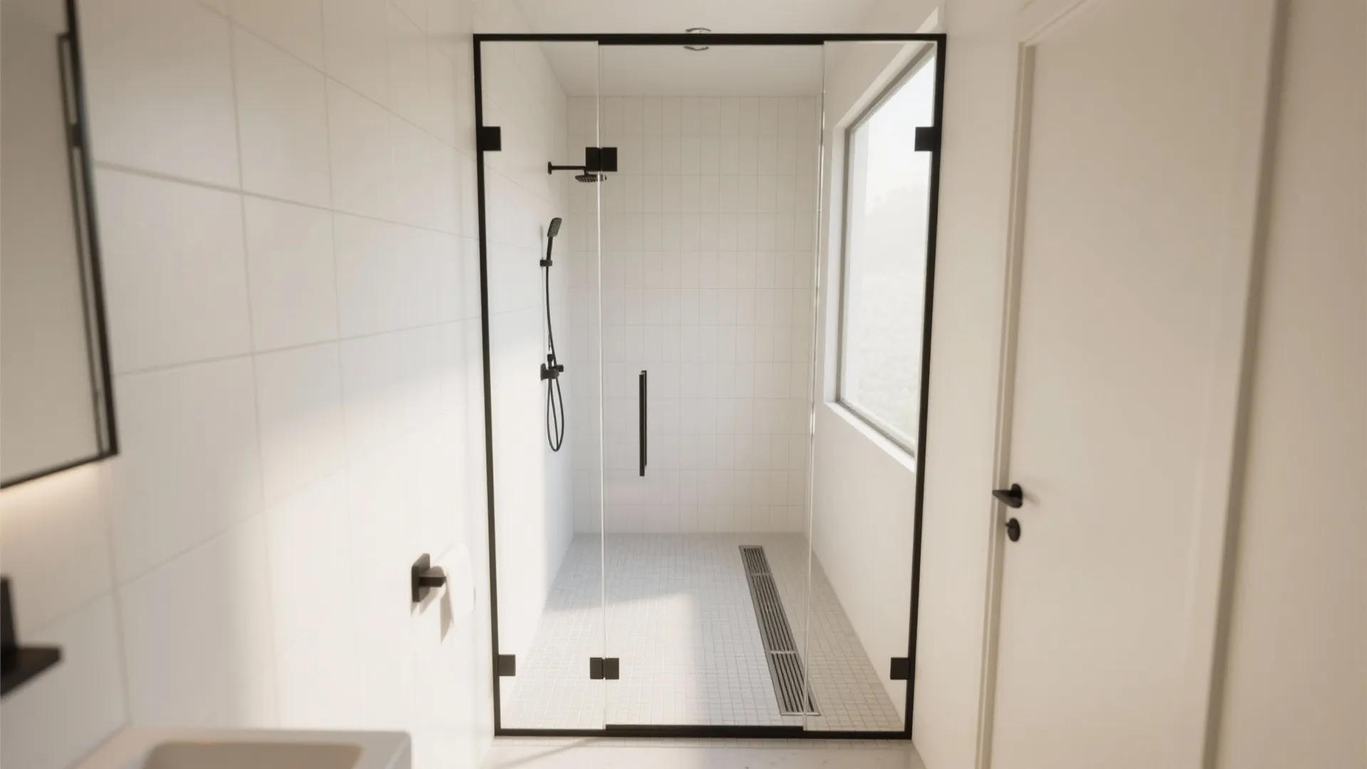 1) Barrier-Light Walk-In: Frameless Glass + Linear Drain